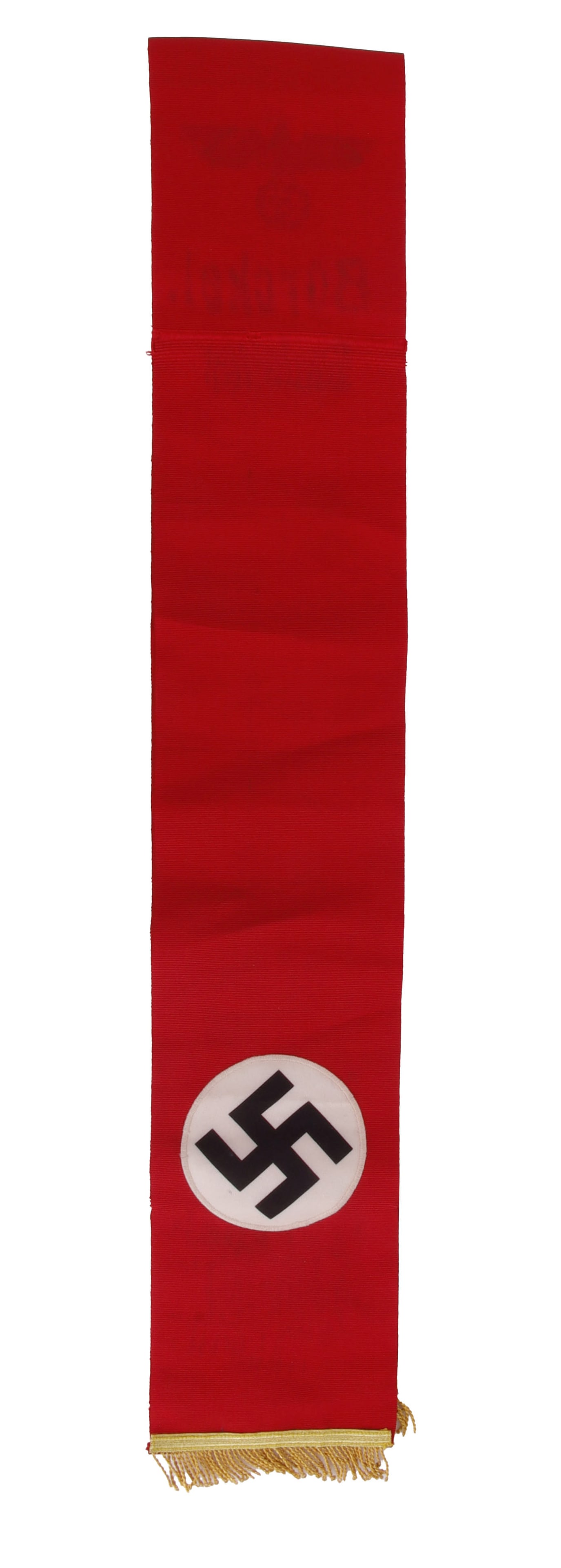 NSDAP Funeral Sash Burckel WWII German Third Reich: A funeral sash bearing the name of Gauleiter Josef Burckel. Exact timing of this sash is unclear, in the sense whether this was for Burckel's own 1944 funeral or was a memorial display featuring Burck