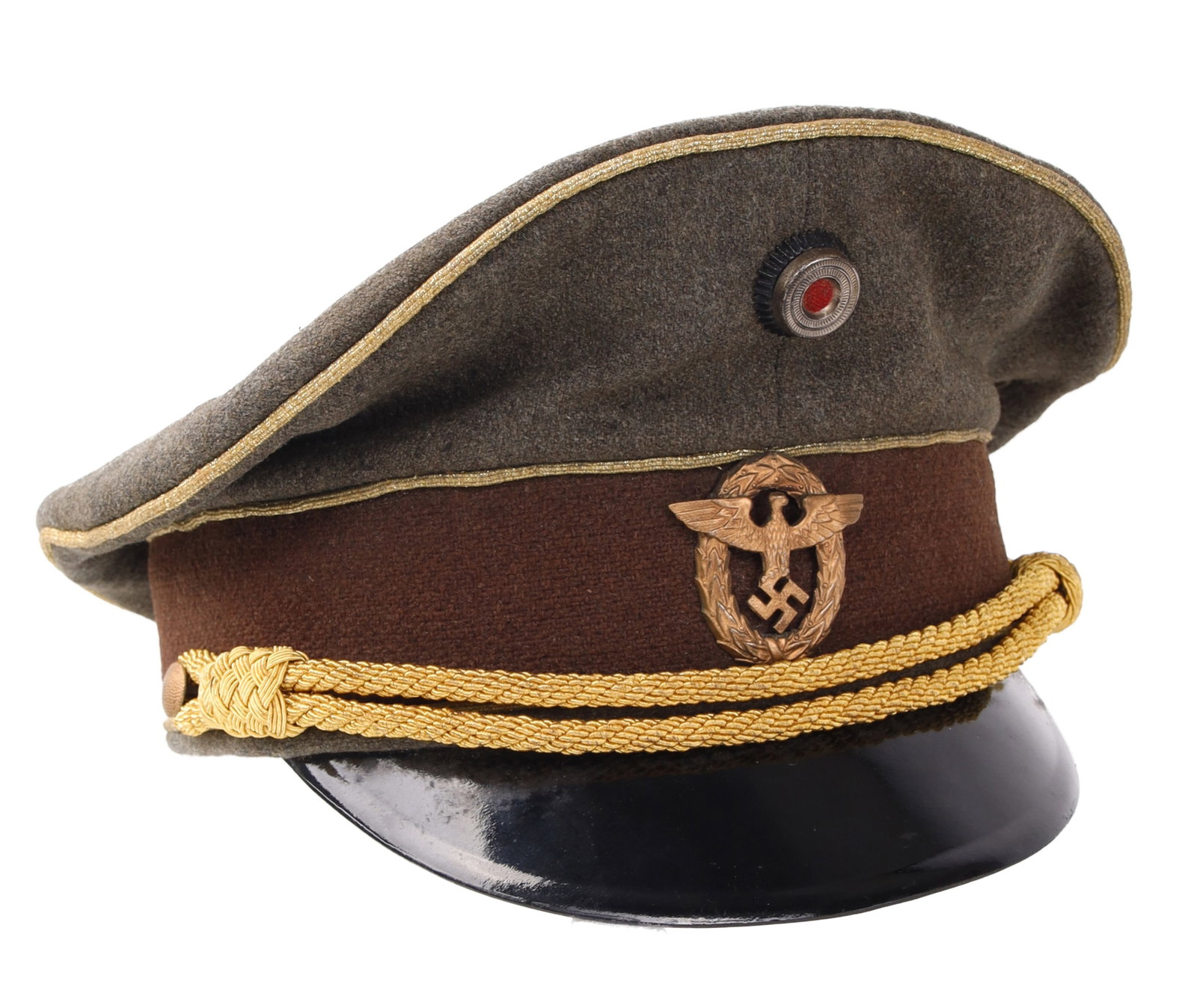 WWII German Police Leader Visor Cap: Gold bullion thread piping and chin strap. Wool construction with velvet band. Silk liner. Bronze painted police insignia. Standard cockade. Hard leather bill. Size 60.