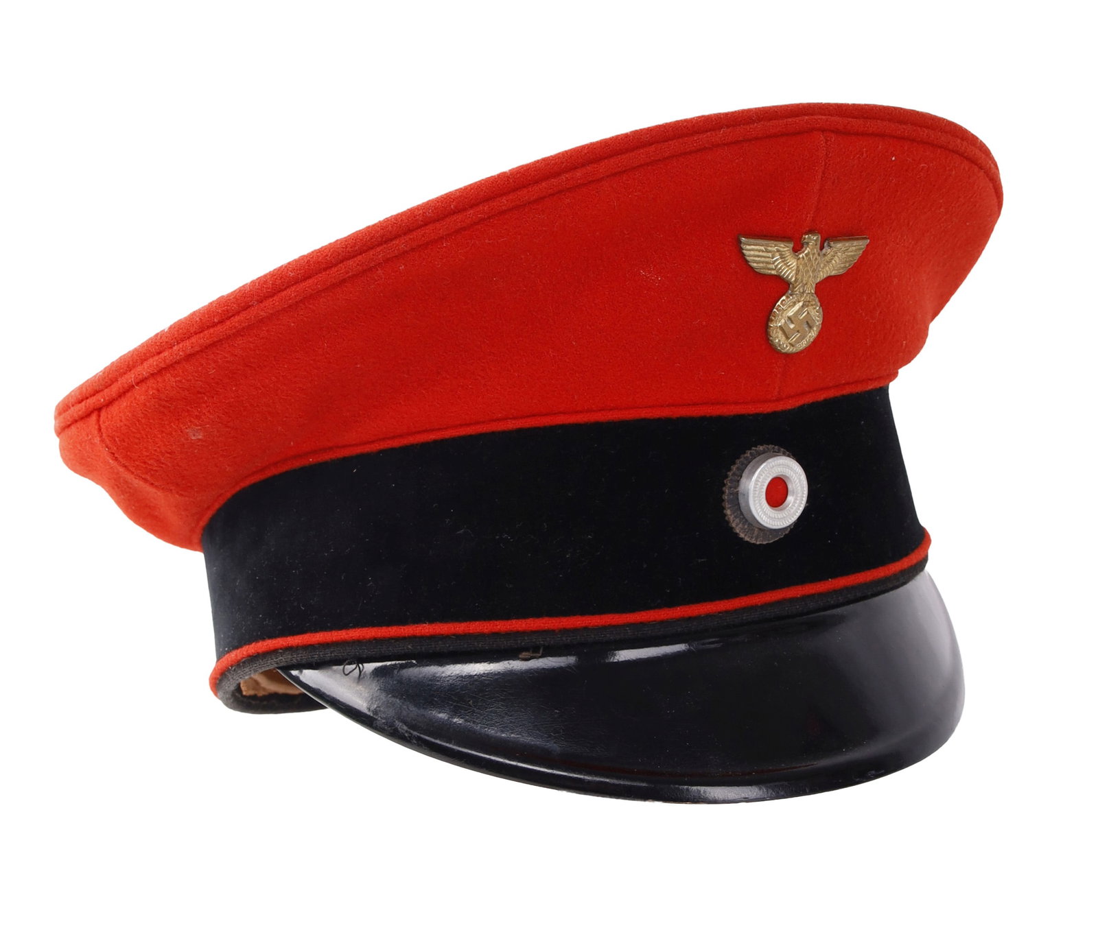 WWII German Reichsbahn Rail Conductor Visor Cap: Reichsbahn conductor's visor cap of scarlet wool with black doeskin band. Vulcanized fiber visor. NSDAP eagle insignia and cockade. Interior has leather sweatband and leather liner. Liner has maker's 