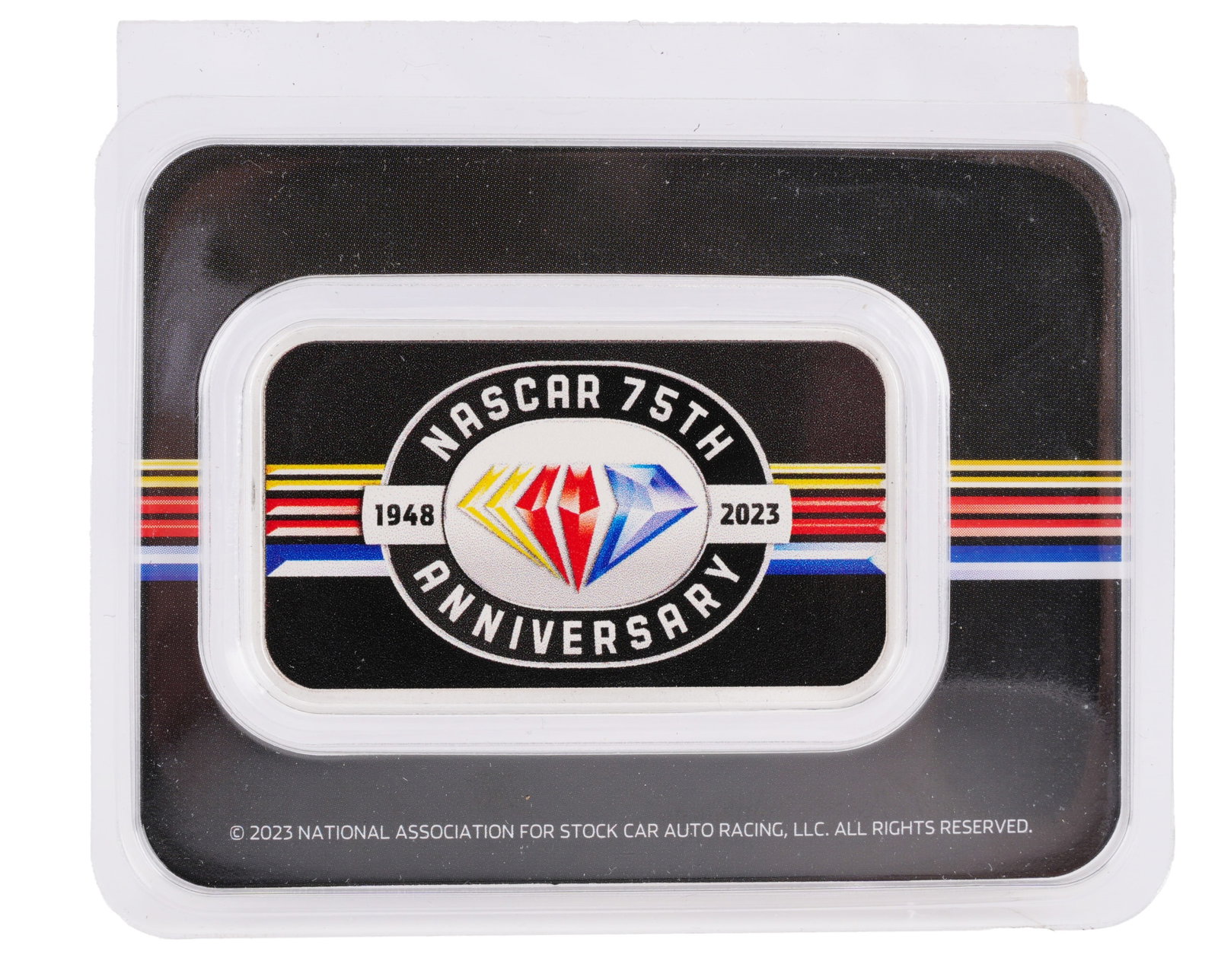 NASCAR 75th Anniversary Themed Silver Bar 1 OZT: One 1 troy ounce .999 fine silver bar with theme of the 75th anniversary of NASCAR. | This lot has a reserve.