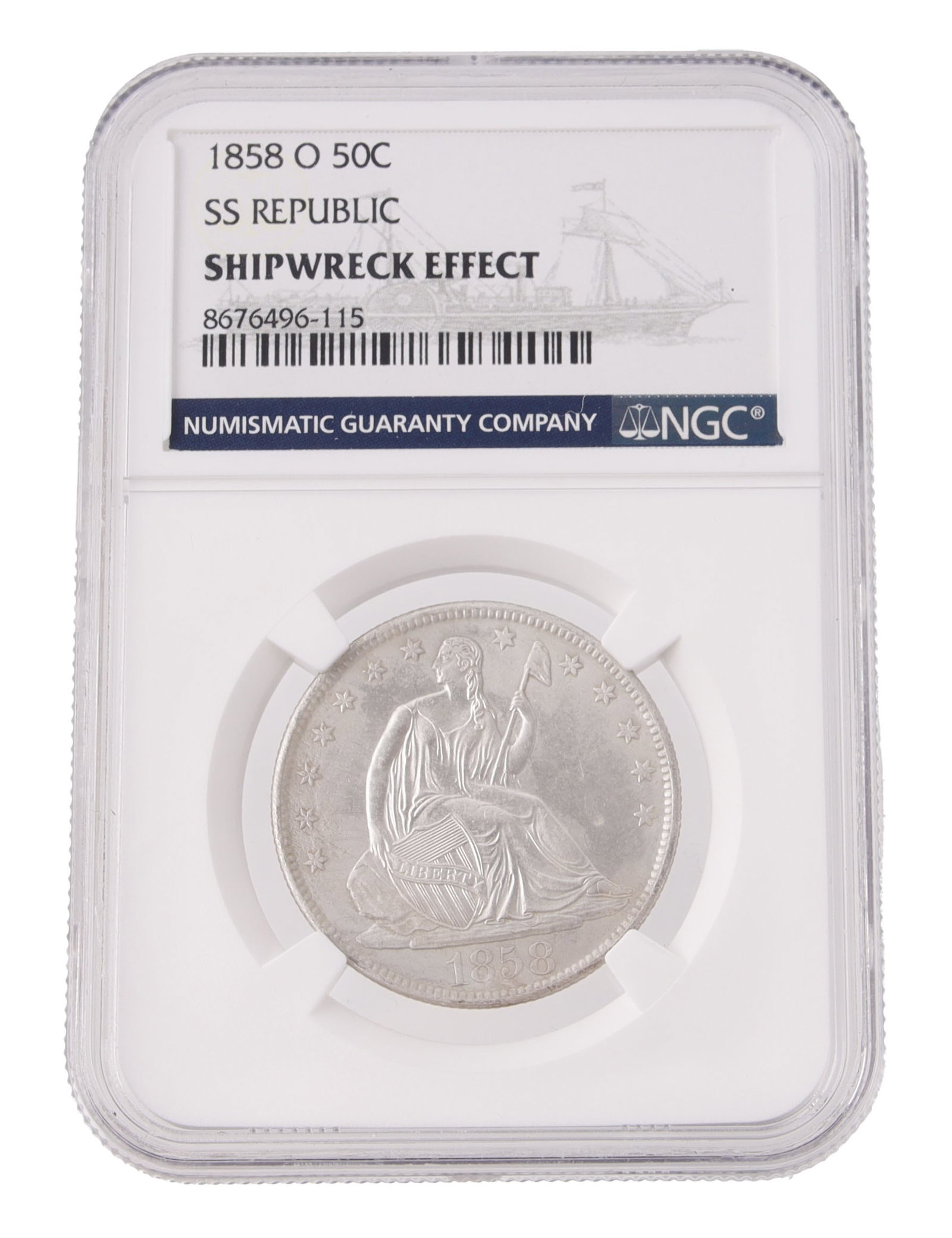 1858-O SS Republic Seated Liberty Half Dollar Coin: NGC graded. 1858-O SS Republic Seated Liberty Half Dollar Coin. The SS Republic was a side wheel steamship, sank in 1865 while carrying valuable cargo, including gold coins, and was rediscovered in 20
