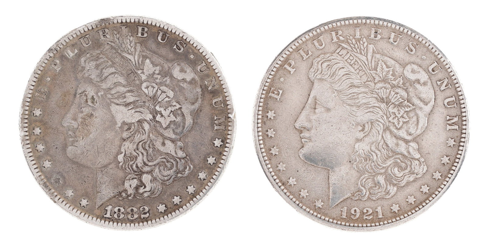 1882 & 1921-S Morgan Dollar .900 US Silver Coin: Two (2) Morgan dollars, 1882 & 1921-S. | This lot has a reserve.