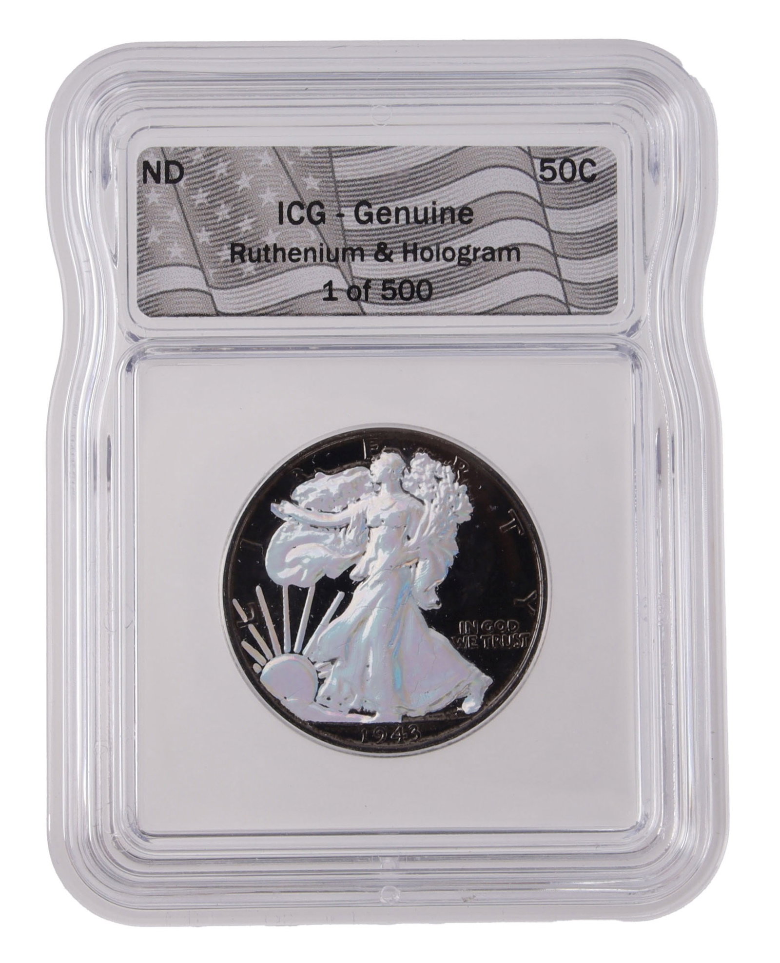 Limited 1943 Ruthenium Walking Liberty Coin: Black ruthenium clad silver Walking Liberty Half Dollar with Hologram. Comes in ICG hard case. Metal: Silver & Ruthenium Country of Origin: USA Year Minted: 1943