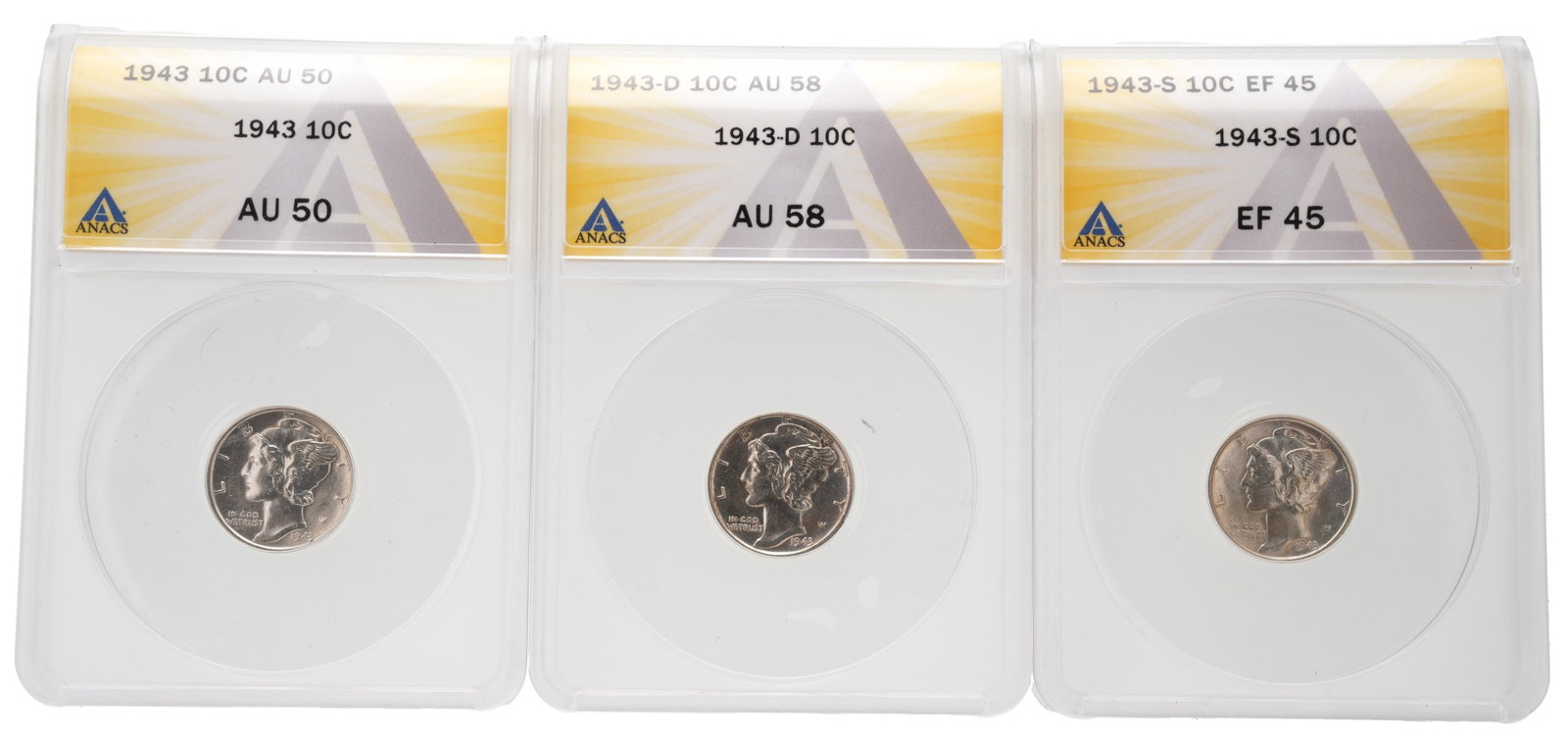 Three 1943 Mercury Dime Coins All mints: 90% purity,. Graded and encapsulated. Metal: 90% Silver