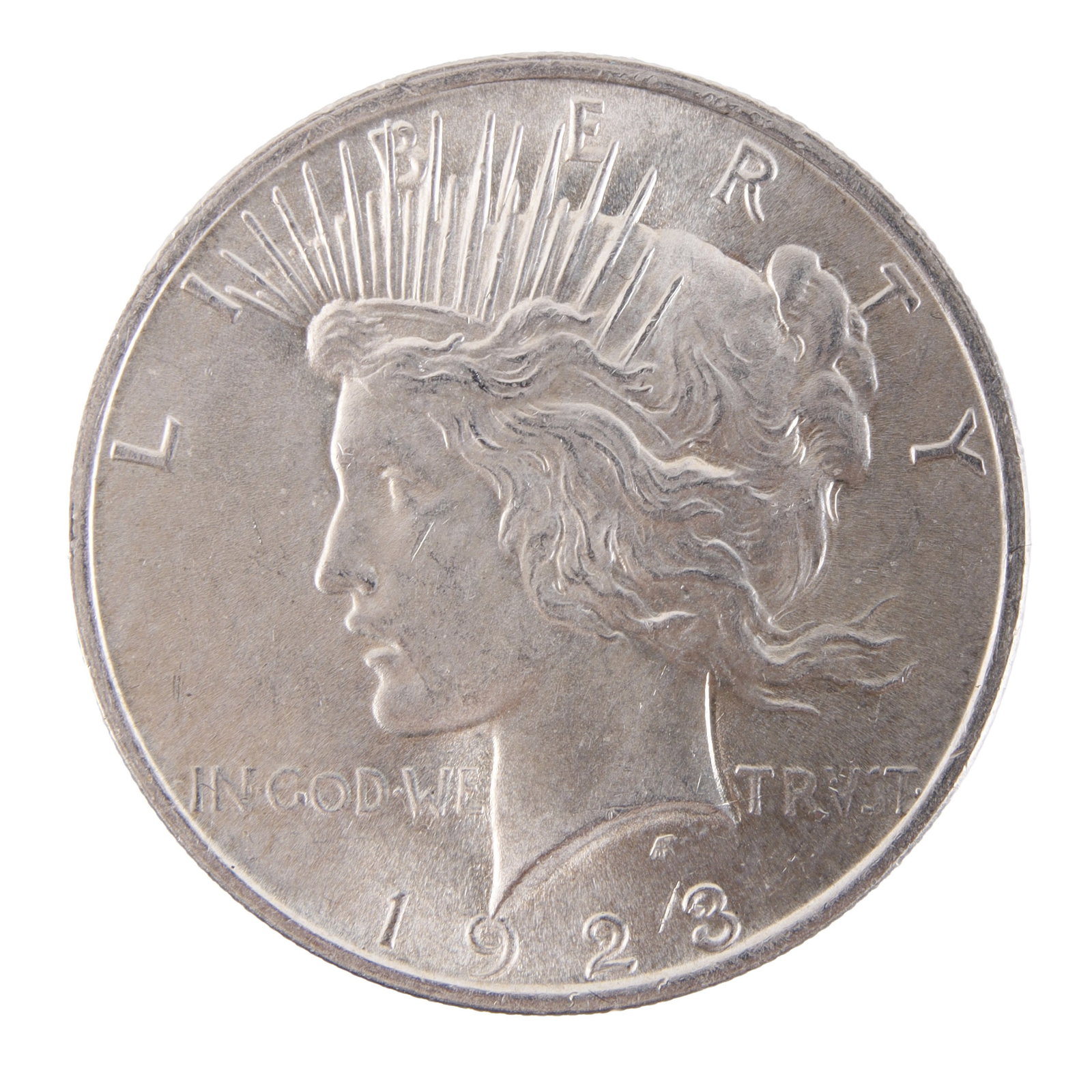1923 Peace Dollar Mint State .900 US Silver Coin: One (1) 1923 Peace Dollar 90% silver US coin. | This lot has a reserve.