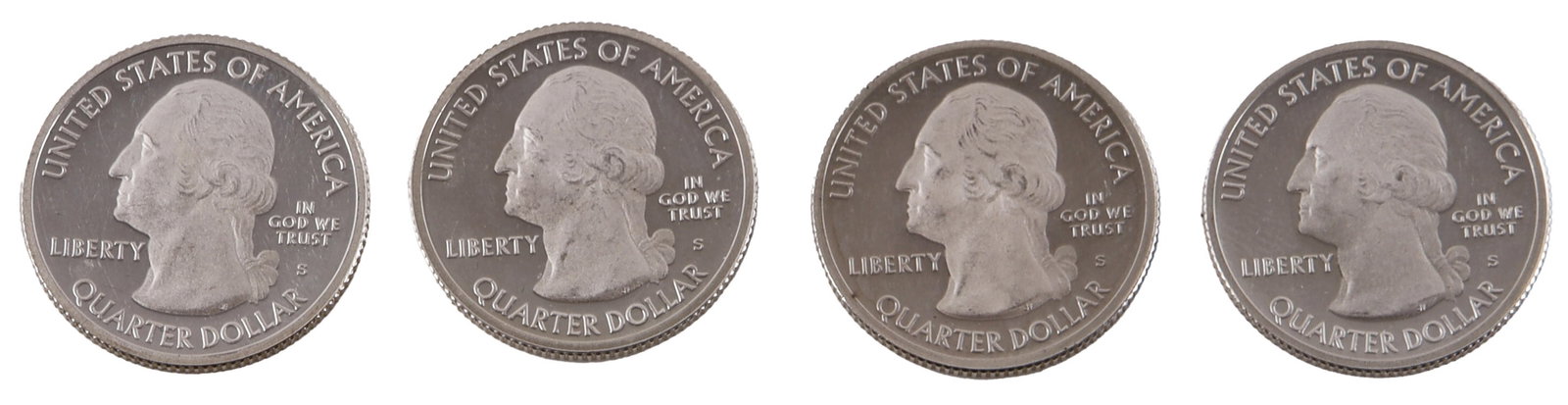4 San Francisco Silver Proof Washington Quarters: Lot of four (4) San Francisco Mint .900 Silver Proof Washington Quarters. Includes 2013-S Perry's Victory, 2014-S Arches, 2017-S Ozark Riverways and 2018-S Cumberland Island.