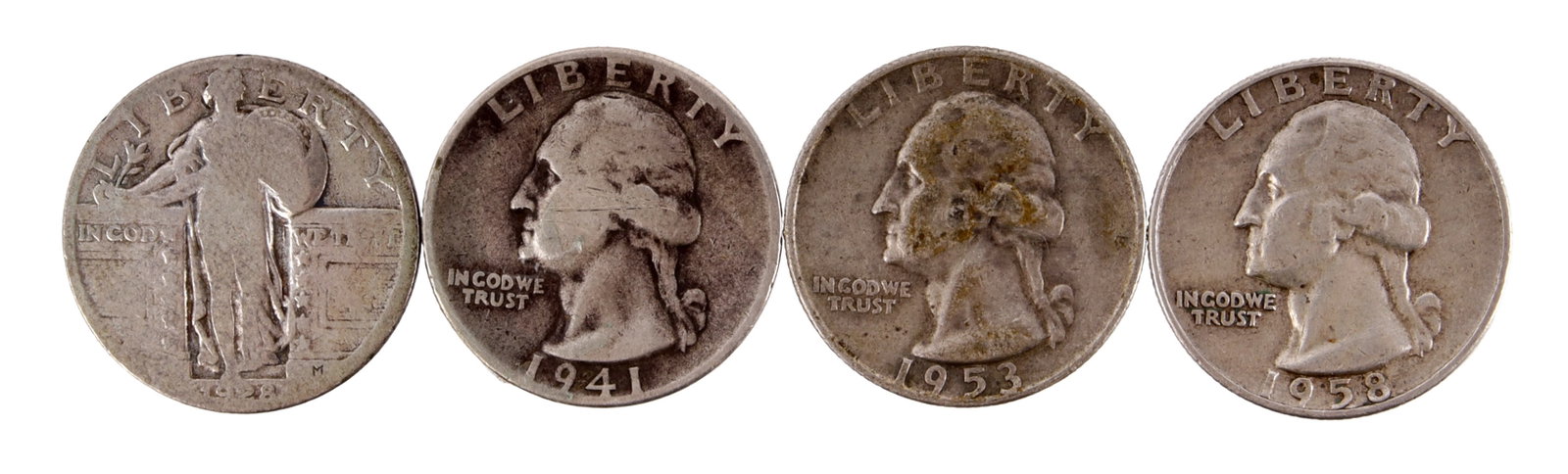 4 Washington 90% Silver Quarters: Four US 90% quarters. | This lot has a reserve.