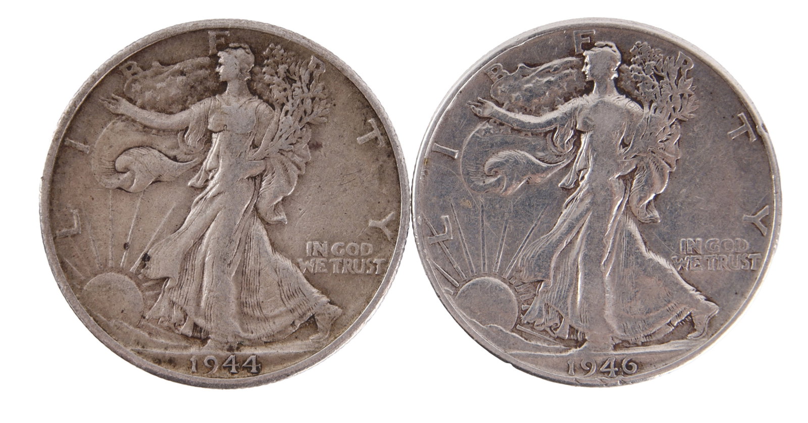 1944-D & 1946 Walking Liberty 50c US Silver Coin: Two (2) Walking Liberty Half Dollar .900 silver US coin. 1944-D & 1946.