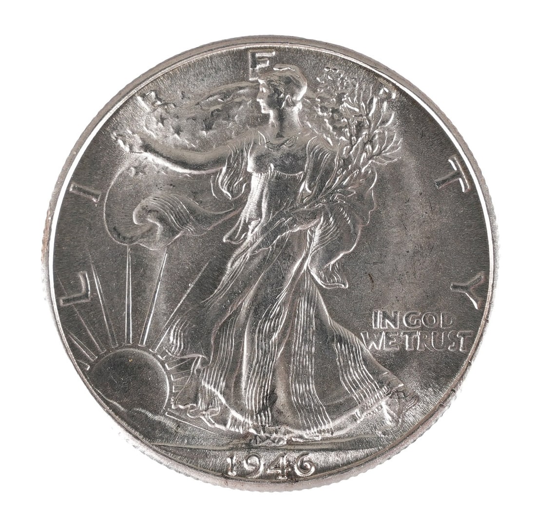 1946 D Walking Liberty Half Dollar Silver Coin: 1946 D Walking Liberty Half Dollar. Denver mint. 90% fineness. Metal: Silver Country of Origin: USA Year Minted: 1946