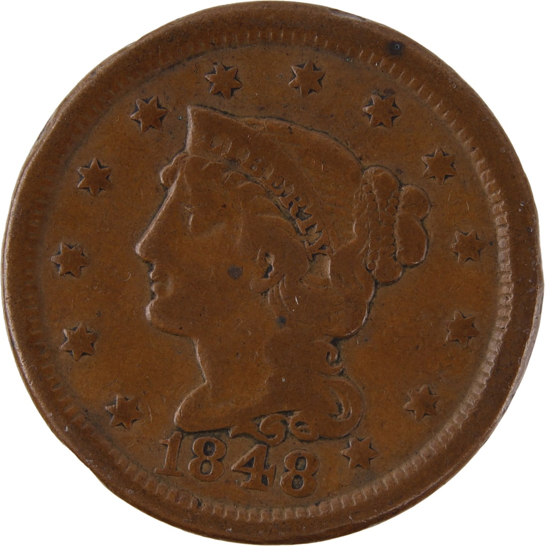 1848 Large Cent Braided Liberty Coin: 1848 Large Cent Braided Liberty Coin. Metal: Copper Country of Origin: USA Year Minted: 1848