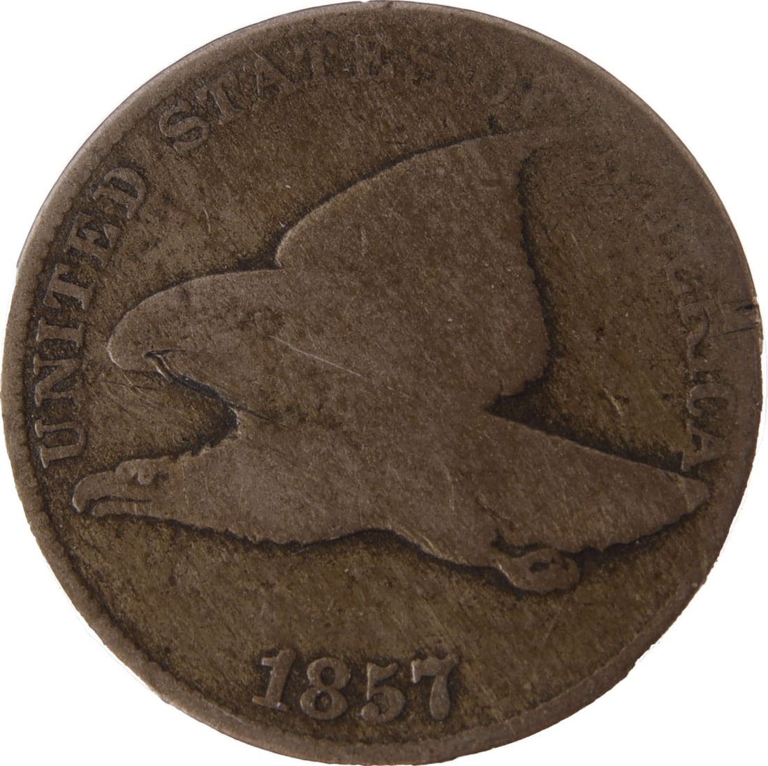 1857 Flying Eagle Cent Coin: 1857 Flying Eagle Cent. Copper and nickel. Metal: Copper Country of Origin: USA Year Minted: 1857