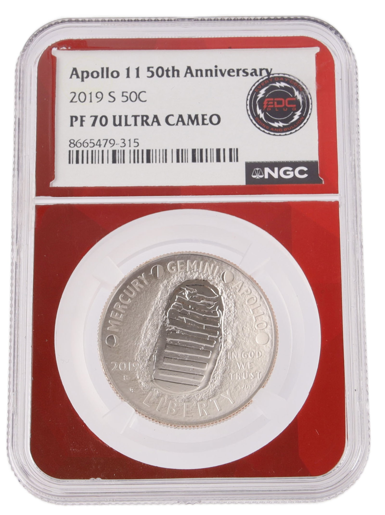 2019 Apollo 11 50th Anniversary PF70 Coin: Commemorative Apollo 11 Moon landing coin. NGC graded. Metal: Base Country of Origin: USA Year Minted: 2019 | This lot has a reserve.