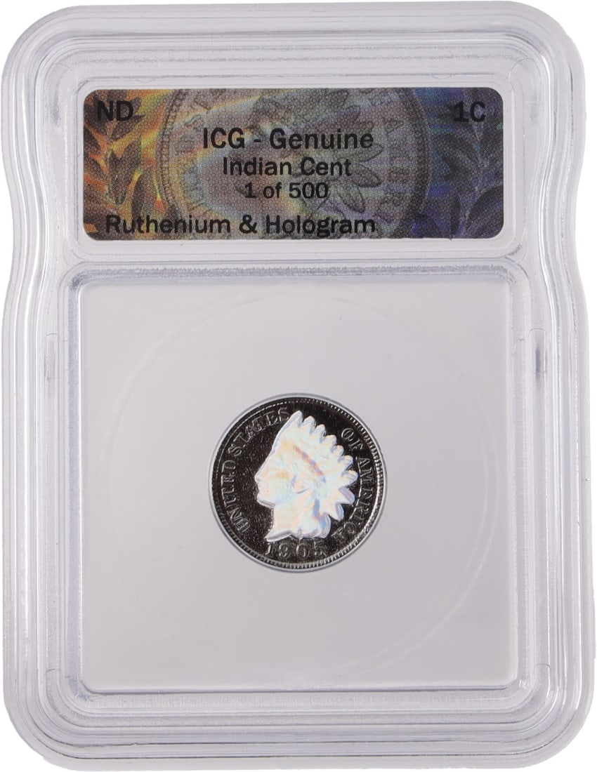 Limited 1905 Ruthenium Indian Head Penny: Black ruthenium clad Indian Head Penny coin with Hologram. Comes in ICG hard case. Metal: Silver & Ruthenium Country of Origin: USA Year Minted: 1943