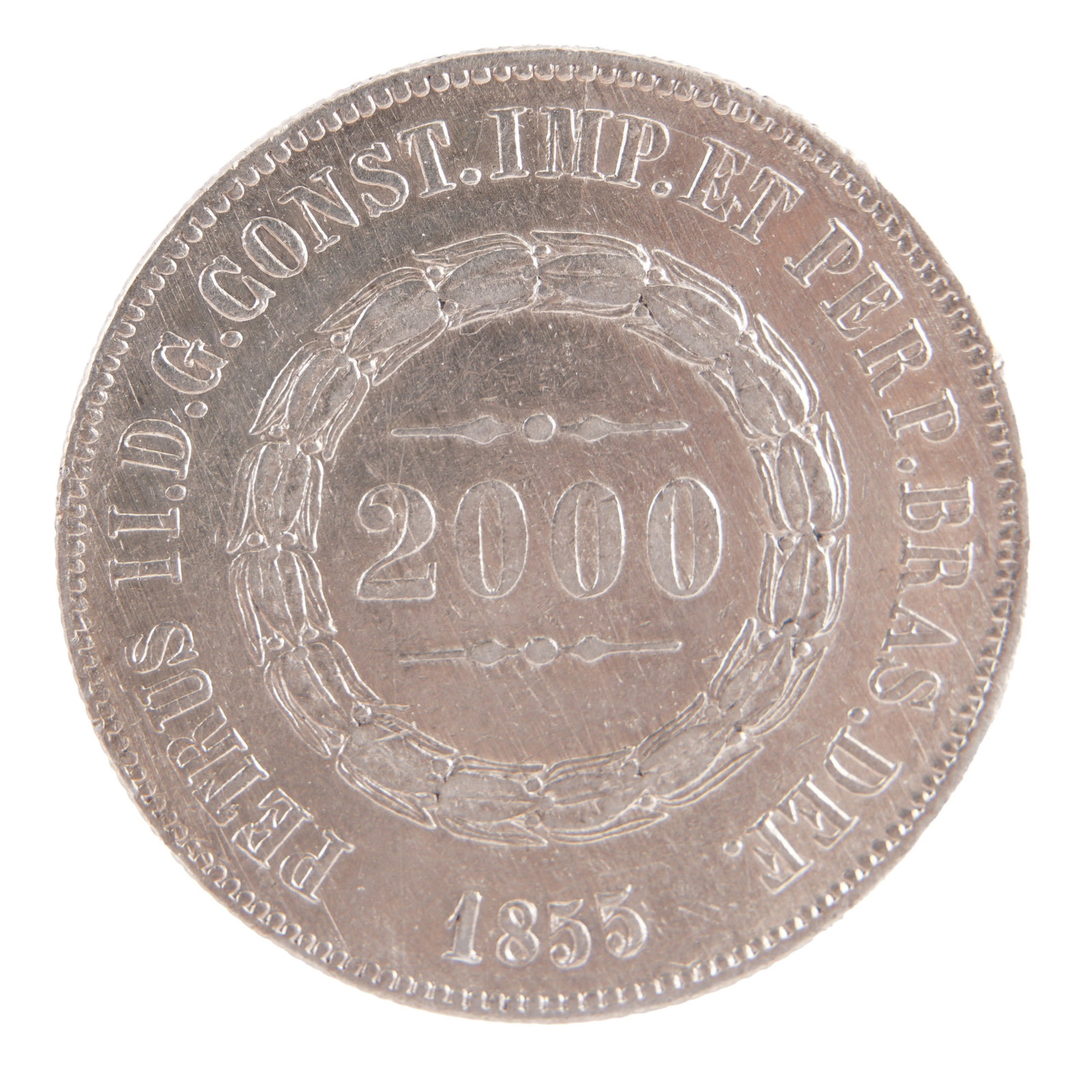 1855 Brazil 2000 Reis Silver Coin: Brazilian 2000 Reis. 0.917 Silver. 25.5g.