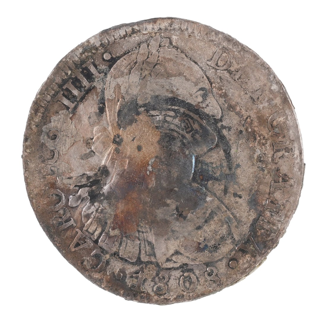 1808 Spanish 8 Reale Mexico City Mint W Chop marks: Salvaged Spanish 8 Reale piece of 8. Chop marks featured. Ink marked and rainbow toning. Metal: Silver Country of Origin: Spain Year Minted: 1808