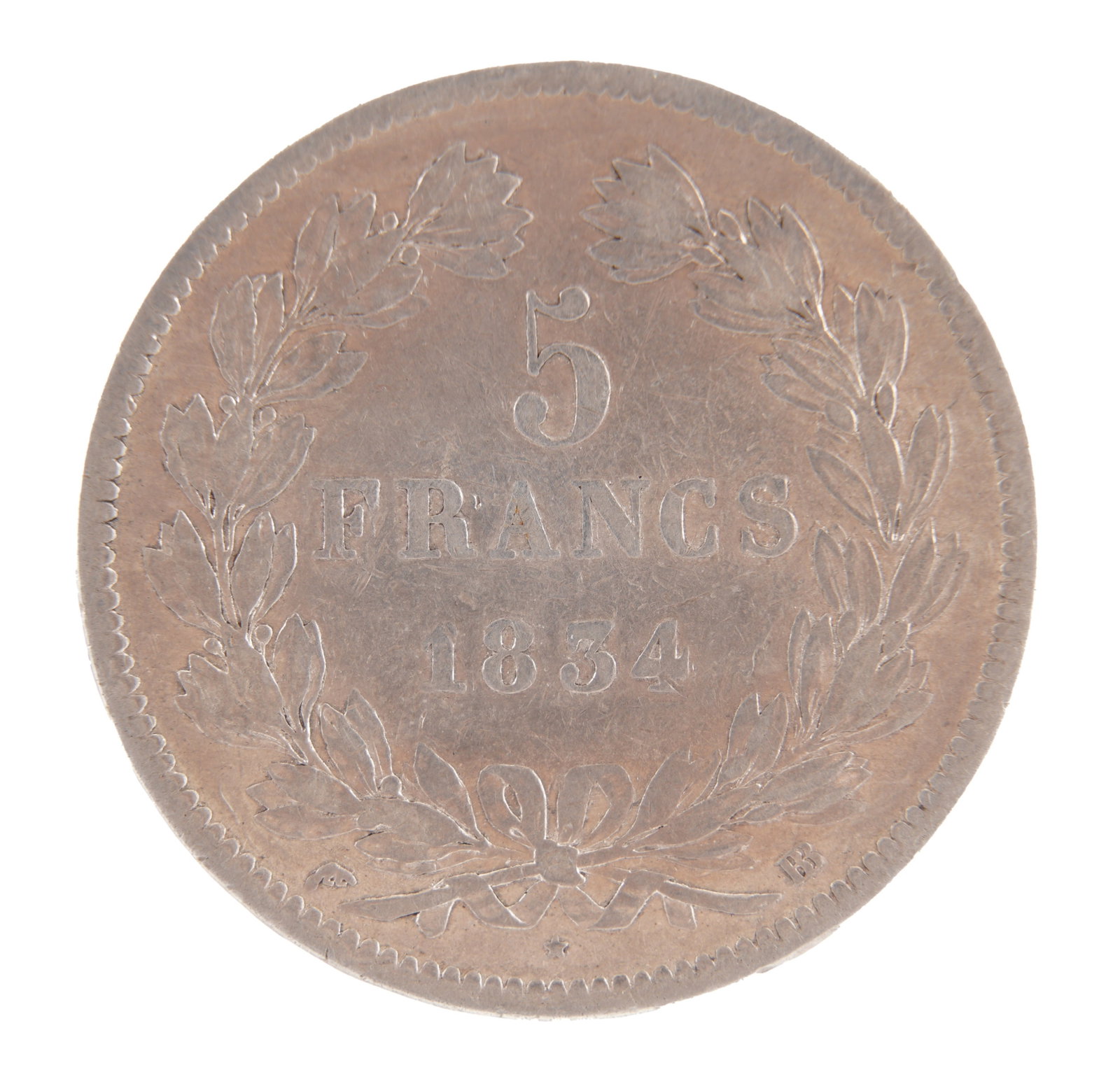 1834 Silver France 5 Francs Coin: 1834 France Silver 5 Francs Louis Philippe. 25 grams. 90% silver. Metal: Silver Country of Origin: France Year Minted: 1834