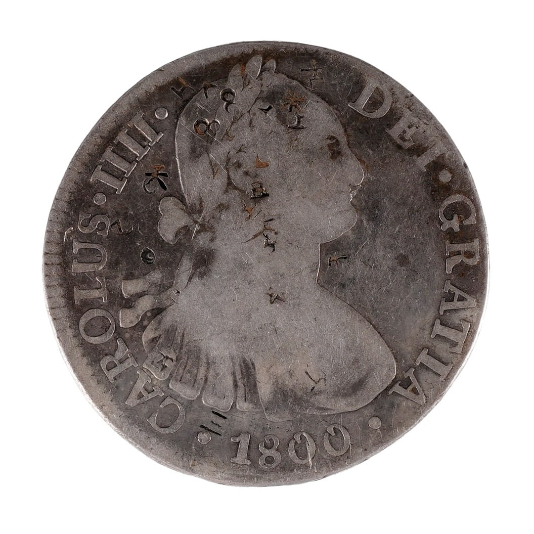 1800 Spanish Colonial 8 Reales Silver Coin: Mexico City mint. Features chop marks. Weighs 26.4g Metal: Silver Country of Origin: Spain Year Minted: 1800