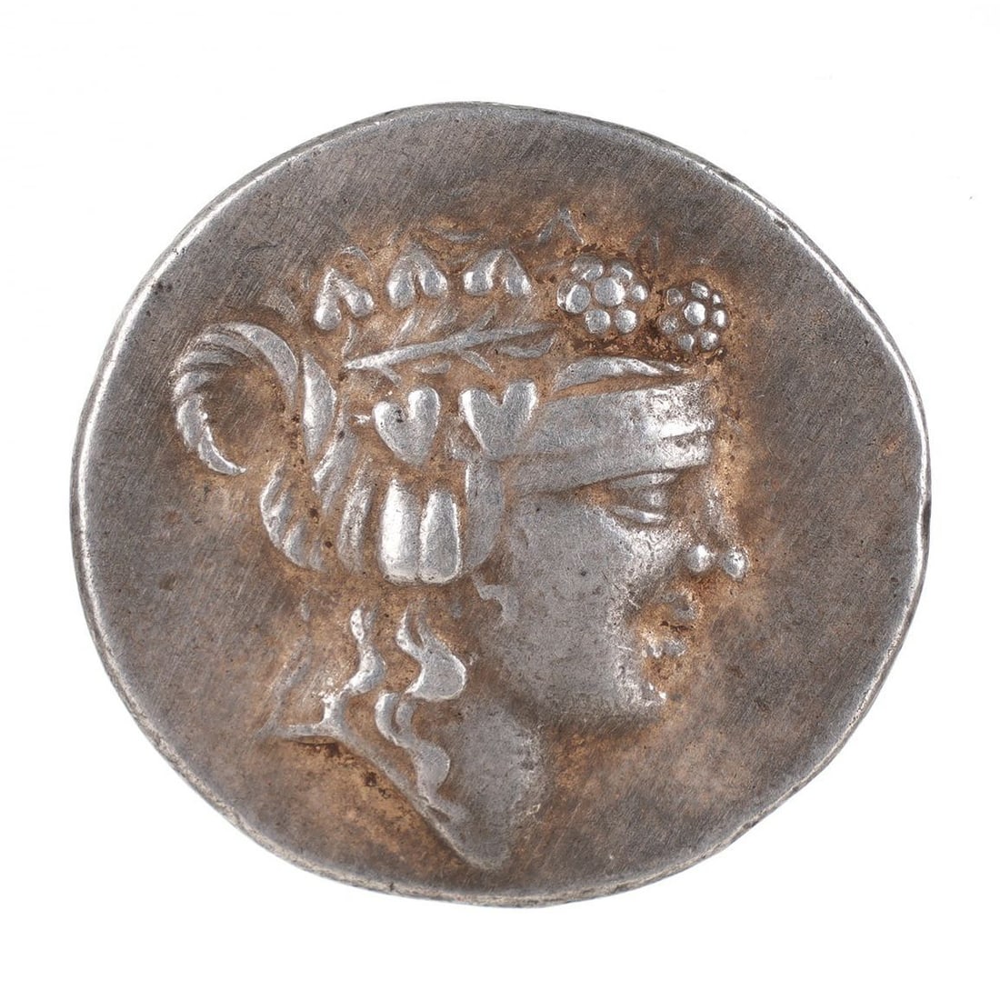 Greek Thasos Tetradrachm Silver Coin: Weighs 16.6 grams. Measures 32mm. Obverse: Head of Dionysus crowned with vines. Reverse: Herakles standing naked, head left, holding club and lion skin.