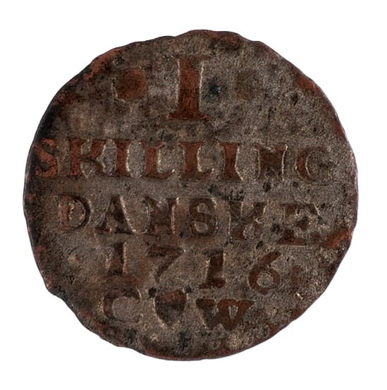 1716 Denmark 1 Skilling Danske Coin: Weighs .6 grams. Minted during the Great Northern War. Metal: Silver Country of Origin: Denmark Year Minted: 1716 Index Number: KM#?5