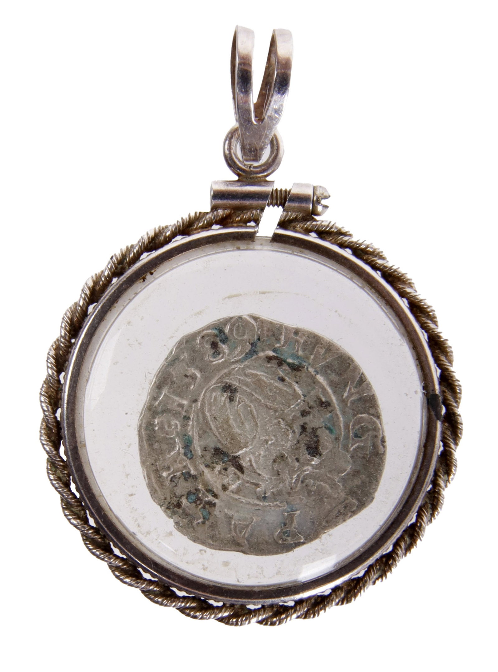 Silver Hungarian Coin Rudoolf II and Madonna: A silver Hungarian coin featuring the crest of Holy Roman Empire Rudolf II's coat of arms as king of Hungary. On reverse is a depiction of the Madonna with the Christ Child. Encapsulated for a pendant