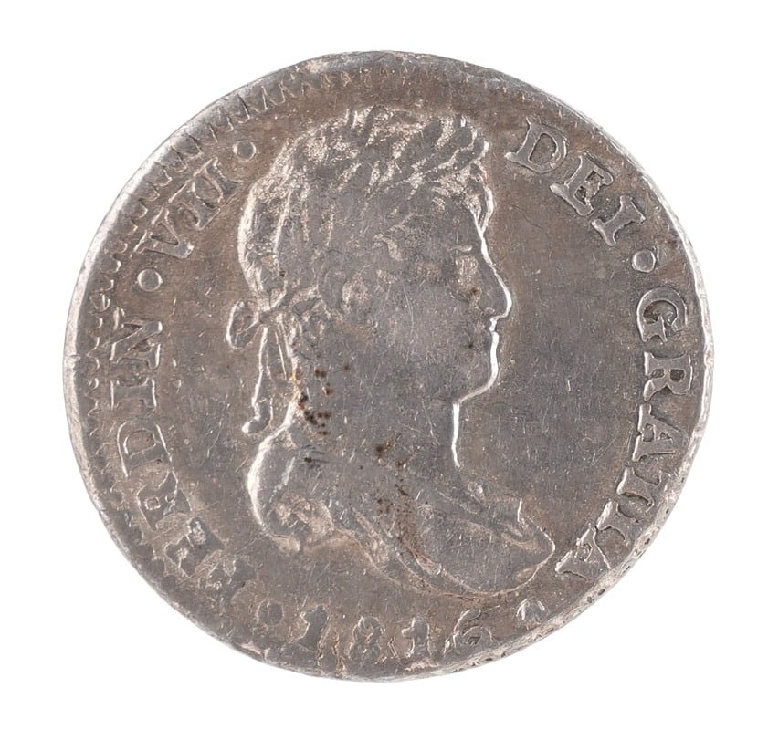 1816 Spanish 1 Reale Silver Coin: .9030 fineness. Weighs 3.4g Metal: Silver Country of Origin: Spain Year Minted: 1816