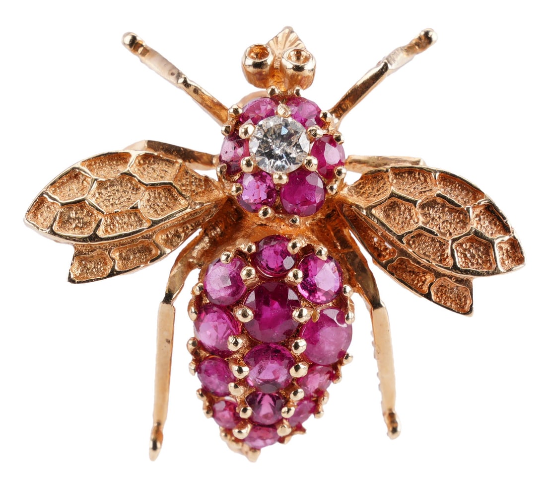 Ruby and Diamond Bee Brooch 14K Gold: Unsigned 14K bee brooch with diamond and rubies. Stamped "14k 585" on wings. Piece is a brooch and pendant. Measures 0.84x0.93x0.39 inches. Round cut diamond 2.68 mm in diameter. Largest ruby 2.94 in
