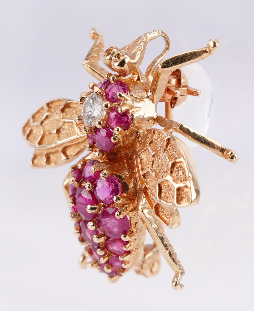Ruby and Diamond Bee Brooch 14K Gold - 2