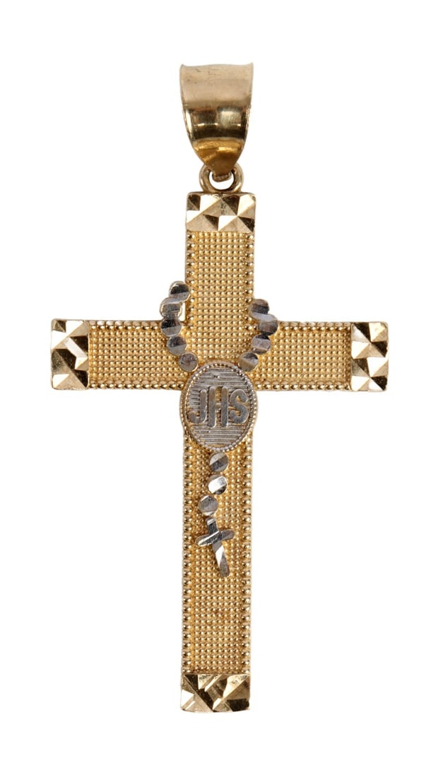10K Gold Cross Pendant with JHS: A 10K gold cross pendant with JHS, representing the phrase 'Jesus Hominum Salvator' (Jesus, Savior of Men.' Approximately an inch tall.