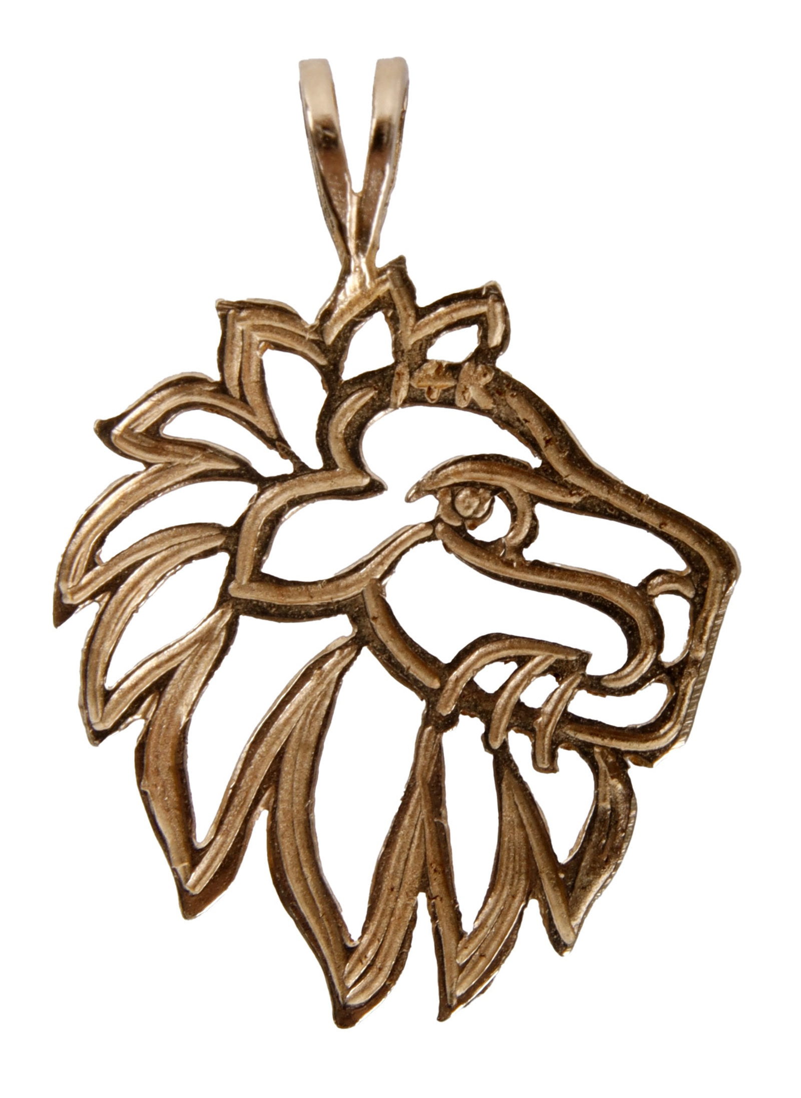 Men's Lion Pendant in 14K Gold: A men's lion pendant depicting the animal head in profile. in 14K gold with a cut out design. '14K' stamped on back. 1.3 grams. 1.3 inches. | This lot has a reserve.