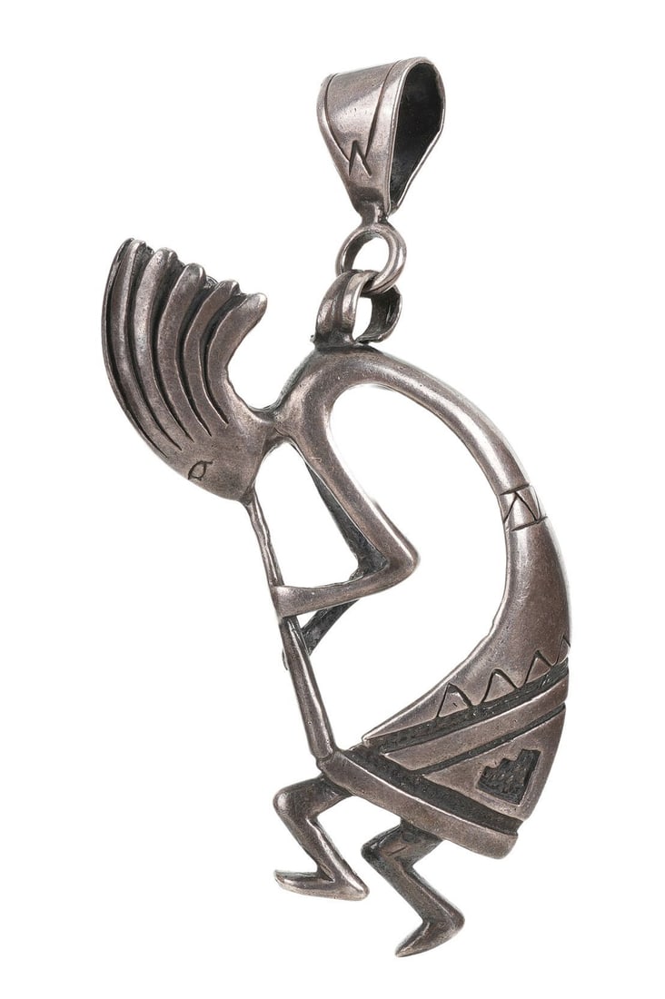Kokopelli Pendant Native American Southwest .925: A Kokopelli pendant, depicting the humpbacked flautist dancer of the American Southwest. 3.25 inches. | This lot has a reserve.