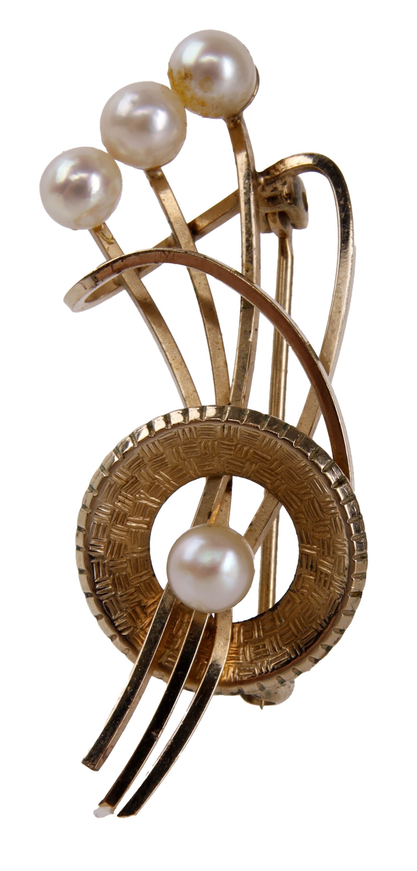 Art Deco Gold and Pearl Floral Antique Brooch: An art deco brooch with floral design, 1/20 12K gold fill sprigs topped by pearls. Marked as 1/20 12K GF. 1.75 inches. Weighs 3.67 grams. | This lot has a reserve.