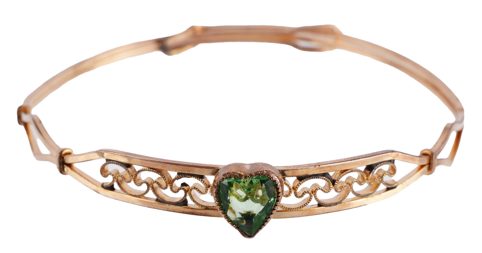May Vintage Kiddie Kraft Bracelet Gold Filled: Vintage children's gold filled bracelet with may birthstone. Made by Kiddie Kraft. Heart cut stone 7.05x6.48 mm. Bracelet measures 2 inches in diameter, 6 inches in circumference. Stamped " Kiddie Kra
