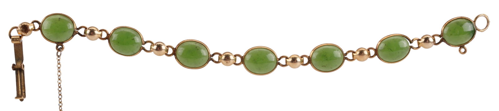 Jade Vintage Sorrento Gold Filled Bracelet: Vintage jade and gold filled bracelet. Made between 1950-1970 by the Sorrento brand. Bracelet measures 7 inches. Stones are untested 12.6x10.6x3.3 mm. | This lot has a reserve.