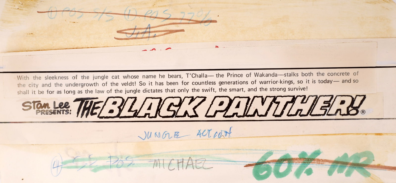 Marvel Comics Black Panther Landmark Master Title: An original archival production piece featuring the definitive, historic introductory title master for the Black Panther, from 1973. This lot contains an important piece of production art utilized for
