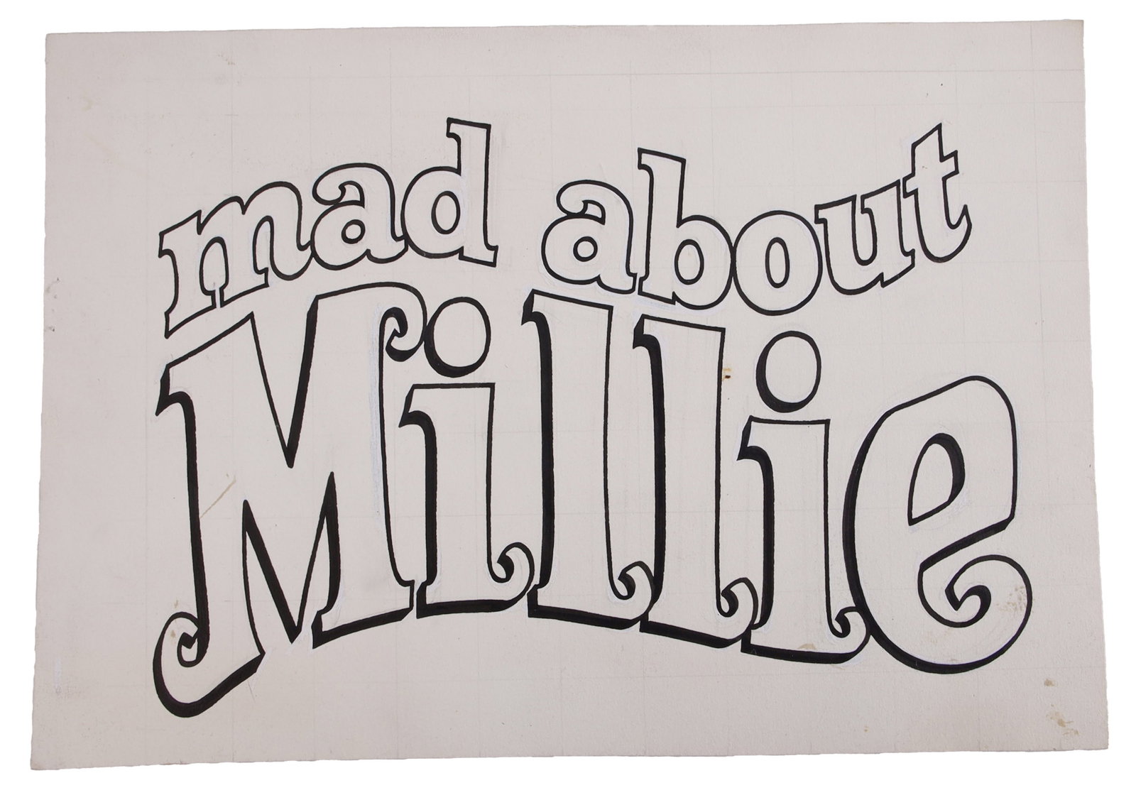Marvel Comics Mad About Millie Hand Drawn Logo: A master production mechanical title strip for Mad About Millie, showcasing a completely hand-lettered cover design executed in black marker on heavy bullpen Bristol board. This unique design displays