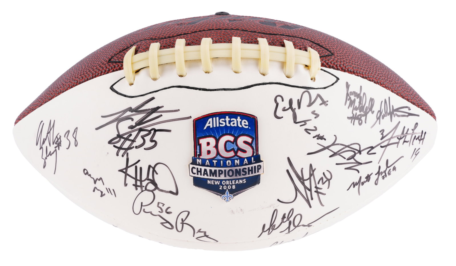 2007-2008 Championship LSU Team Signed Football: A football signed by the 2007-2008 BCS Championship winning LSU Tigers, the first team to become two-time champions in the BCS era. Includes notable players Matt Flynn and Ricky Jean-Francois. Deemed 