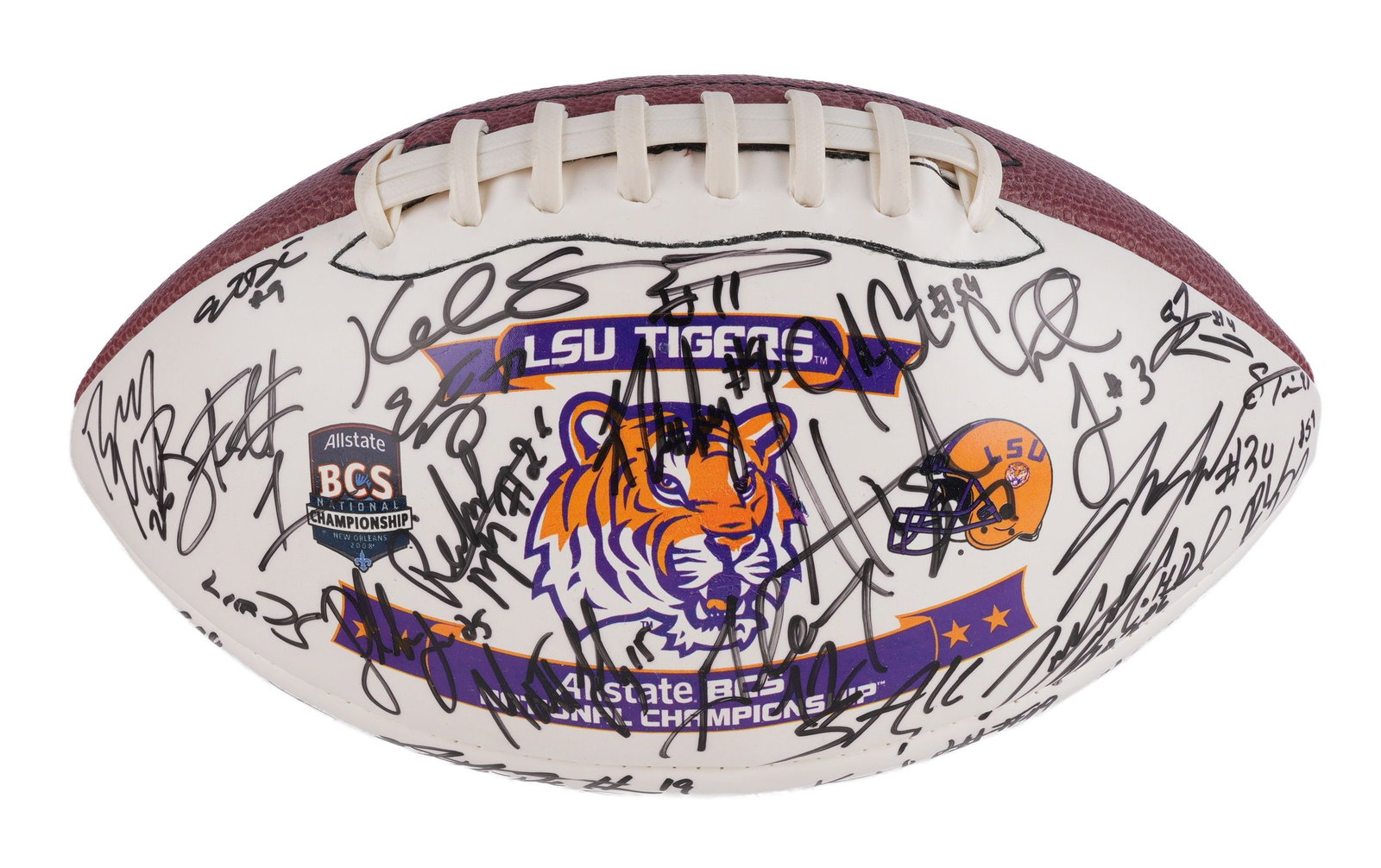 2007-2008 LSU Tigers Signed Championship Football: A football signed by the 2007 LSU Tigers. Features Lombardi Trophy winner Glenn Dorsey as well as other signature players from that championship-winning year. Comes with a Certificate of Authenticity 