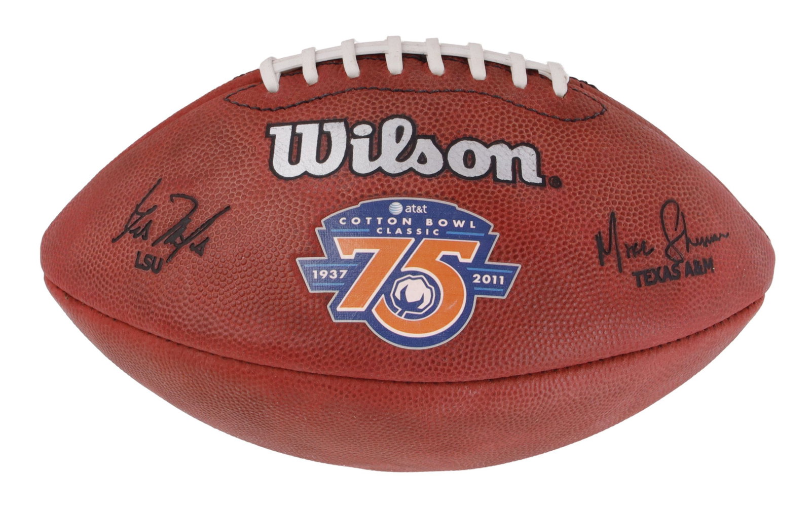 2011 LSU vs Texas A&M Cotton Bowl Football: A football commemorating the 2010 Cotton Bowl LSU and Texas A&M. This is a 75th year anniversary ball. With facsimile signatures of coaches. | This lot has a reserve.