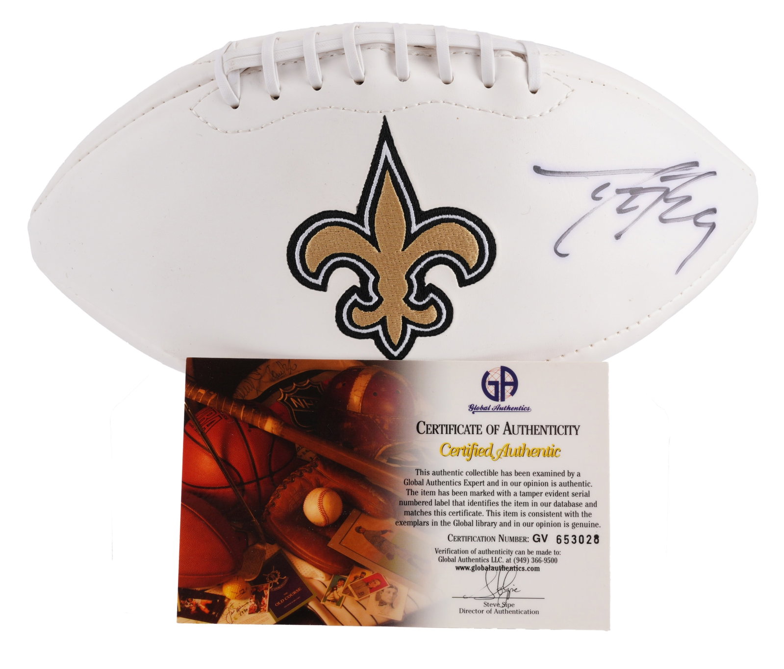 Drew Brees Signed Superbowl LXIV Football: A Superbowl LXIV commemorative ball, signed by New Orleans Saints quarterback Drew Brees. Ball includes a commemoration of the New Orleans Saints. Comes with a certificate of authenticity from Global 