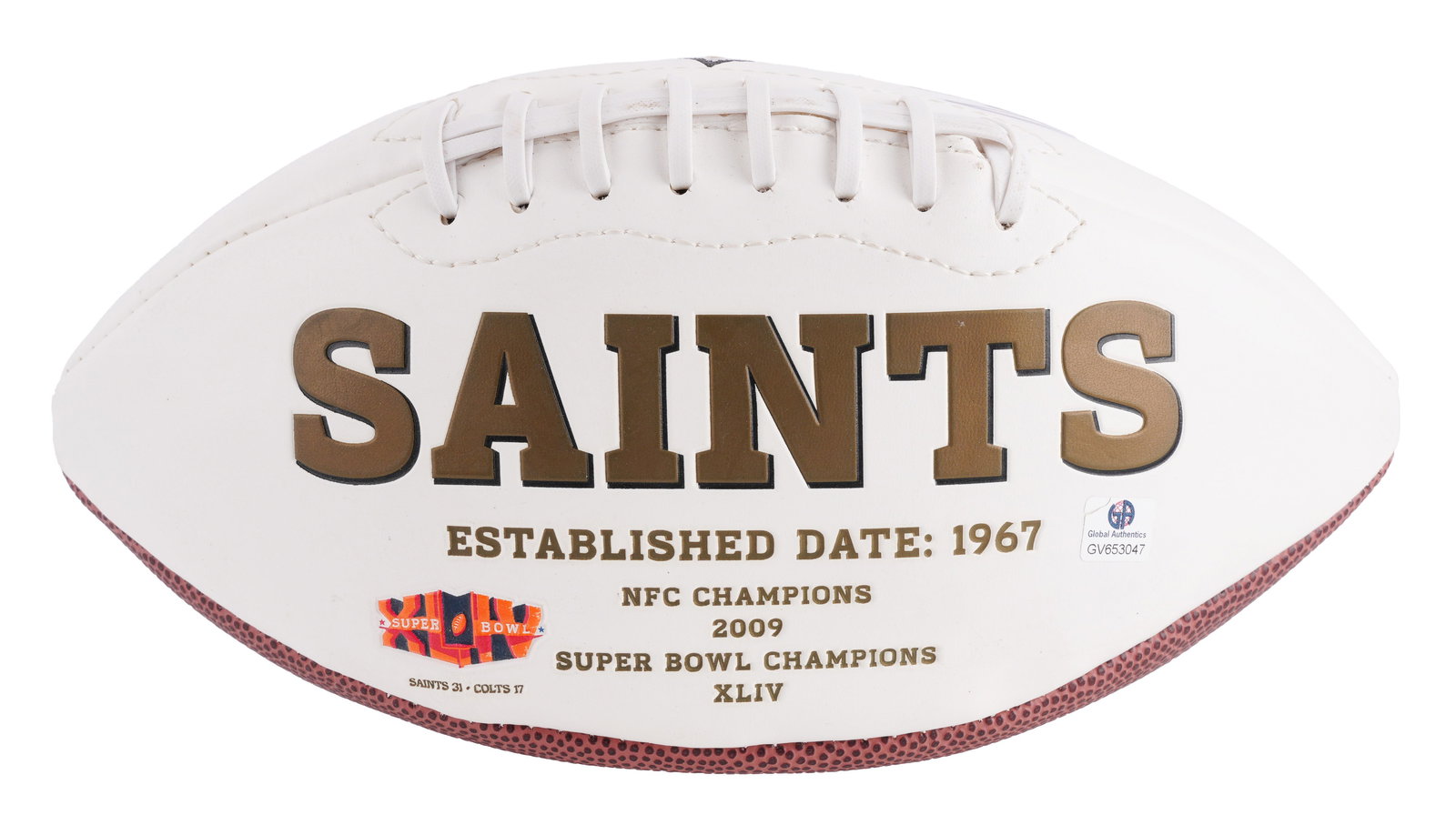 Drew Brees Signed Superbowl XLIV Football: A Superbowl XLIV commemorative ball, signed by New Orleans Saints quarterback Drew Brees. Ball includes a commemoration of the New Orleans Saints. Comes with a certificate of authenticity from Global 