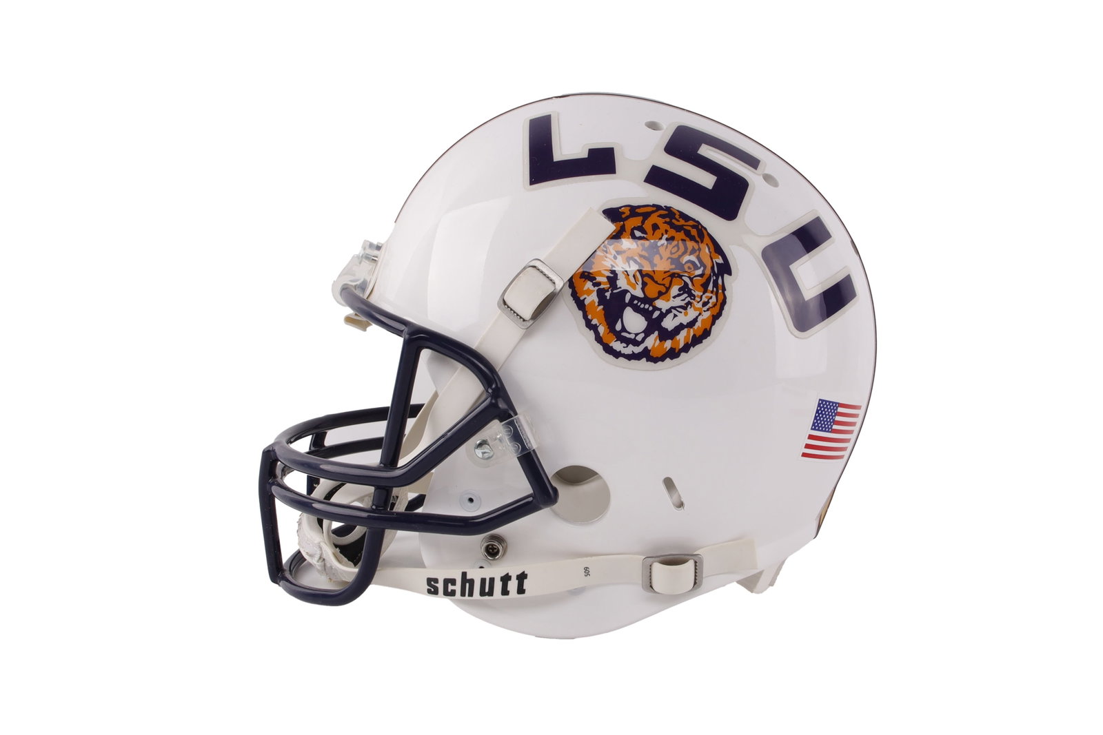 LSU Tigers Stately White Football Helmet Replica: A reproduction of LSU's 'Stately White' helmet, worn during specific games focused on rivalries or unique events. Full size. | This lot has a reserve.