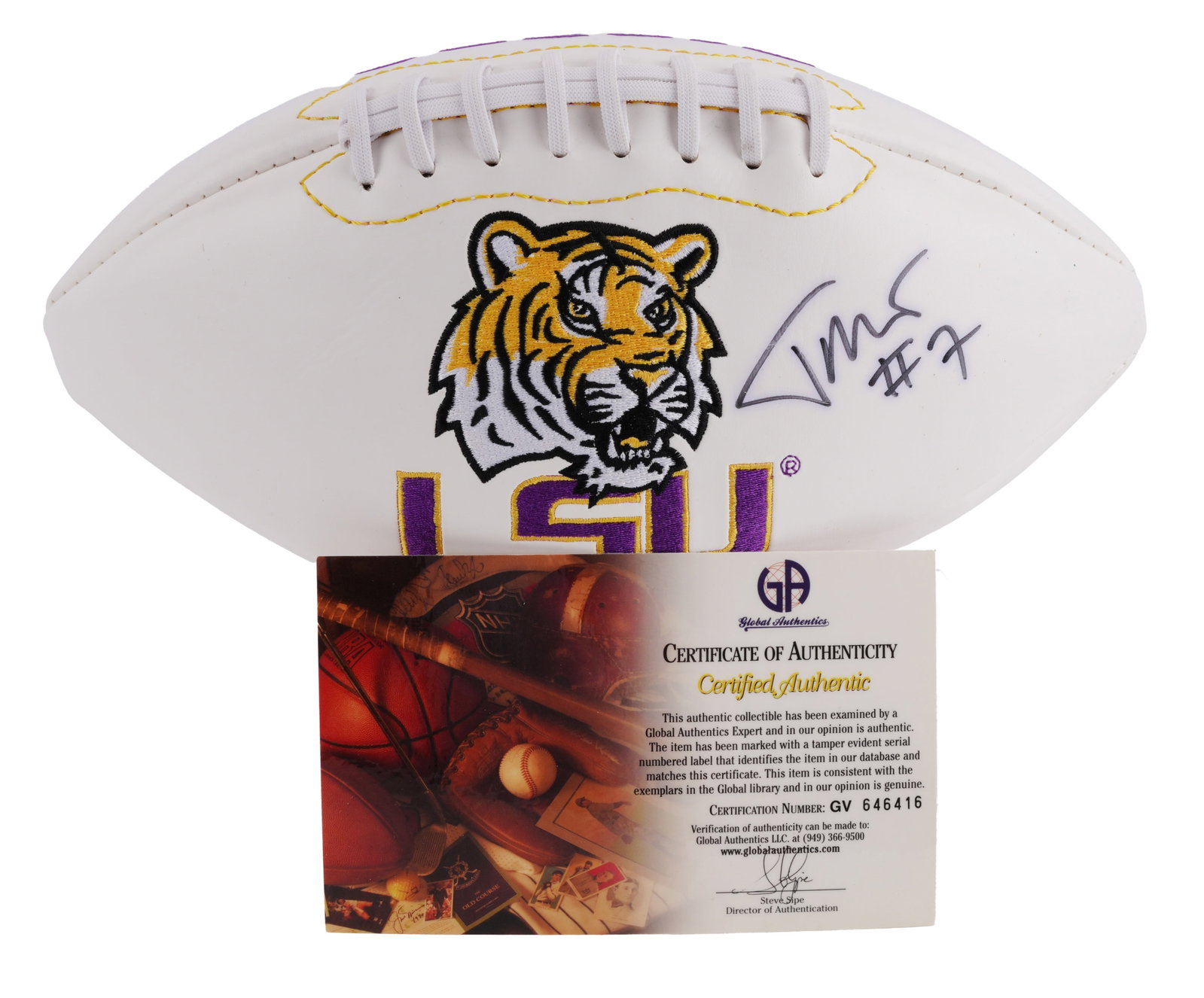 Tyrann Mathieu Signed LSU Tigers Football: An LSU commemorative football signed by Tyrann Mathieu. Ball has classic LSU logo. Certificate of authenticity from Global Authentics. | This lot has a reserve.