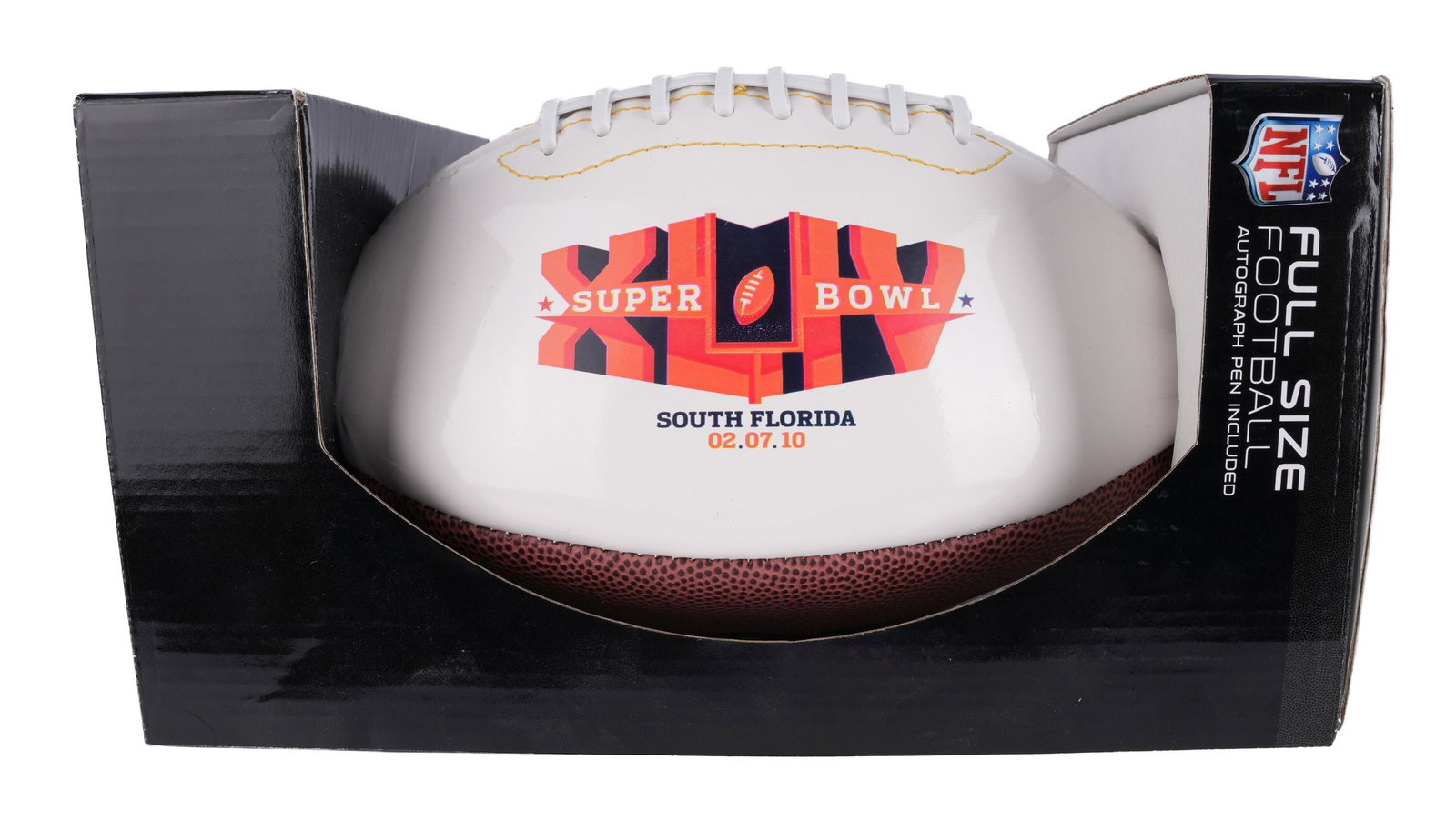 Superbowl XLIV Saints vs Colts Autograph Ball: An unused autograph ball for Superbowl XLIV, featuring the New Orleans Saints vs the Indianapolis Colts. Includes final score and autograph pen. | This lot has a reserve.