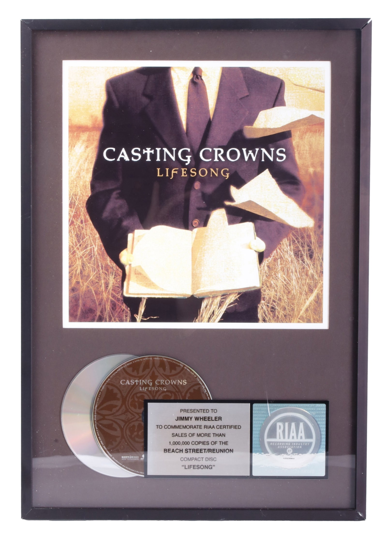Platinum Album Award for Casting Crowns Lifesong: A Platinum Album award for Casting Crowns' Lifesong. Presented to Jimmy Wheeler, former Sony employee. 13.25x19 inches. | This lot has a reserve.