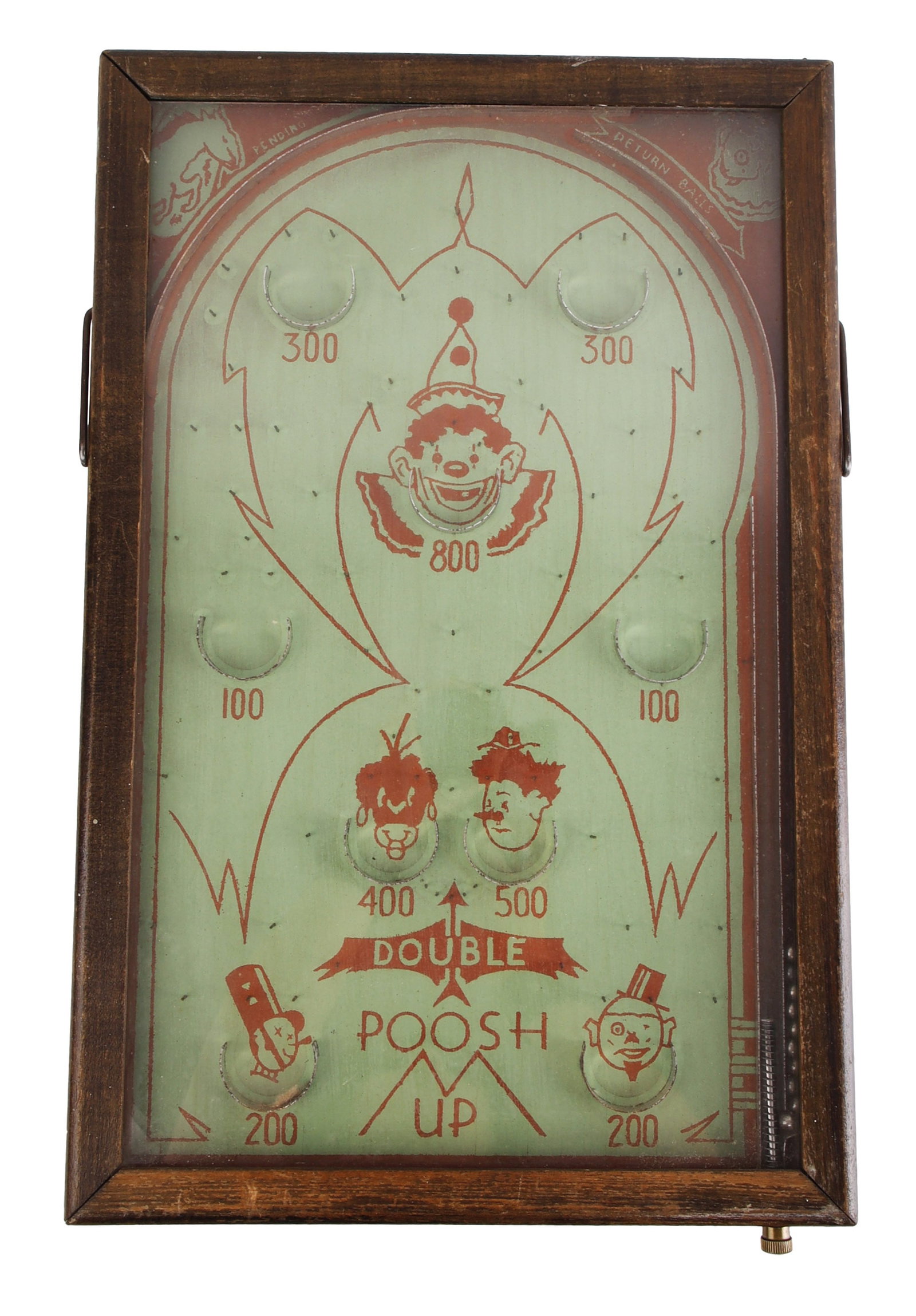 Double Poosh-M-Up Bagatelle Board Carnival: A rare and vibrant mid-century 'Double Poosh-M-Up' tabletop bagatelle game, manufactured by the Northwestern Products Co. of St. Louis. The board features a distinctive mint green background with high