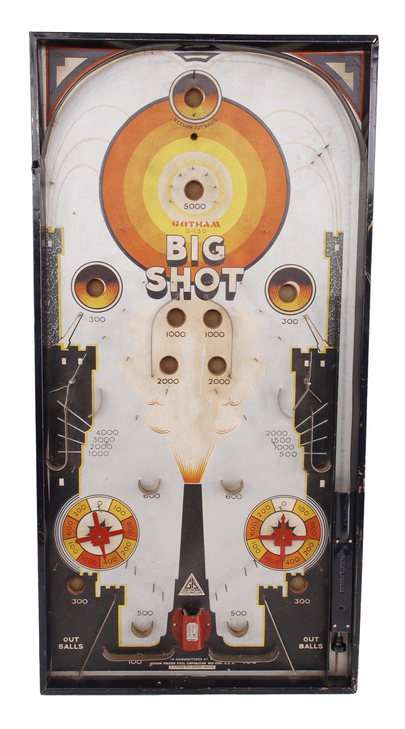 Gotham Big Shot Bagatelle Pinball Board: A 1930s to 1940s-era tabletop pinball/bagatelle game titled 'Big Shot' (Model G-130), manufactured by the Gotham Pressed Steel Corporation of New York. The game features a lithographed board playfield