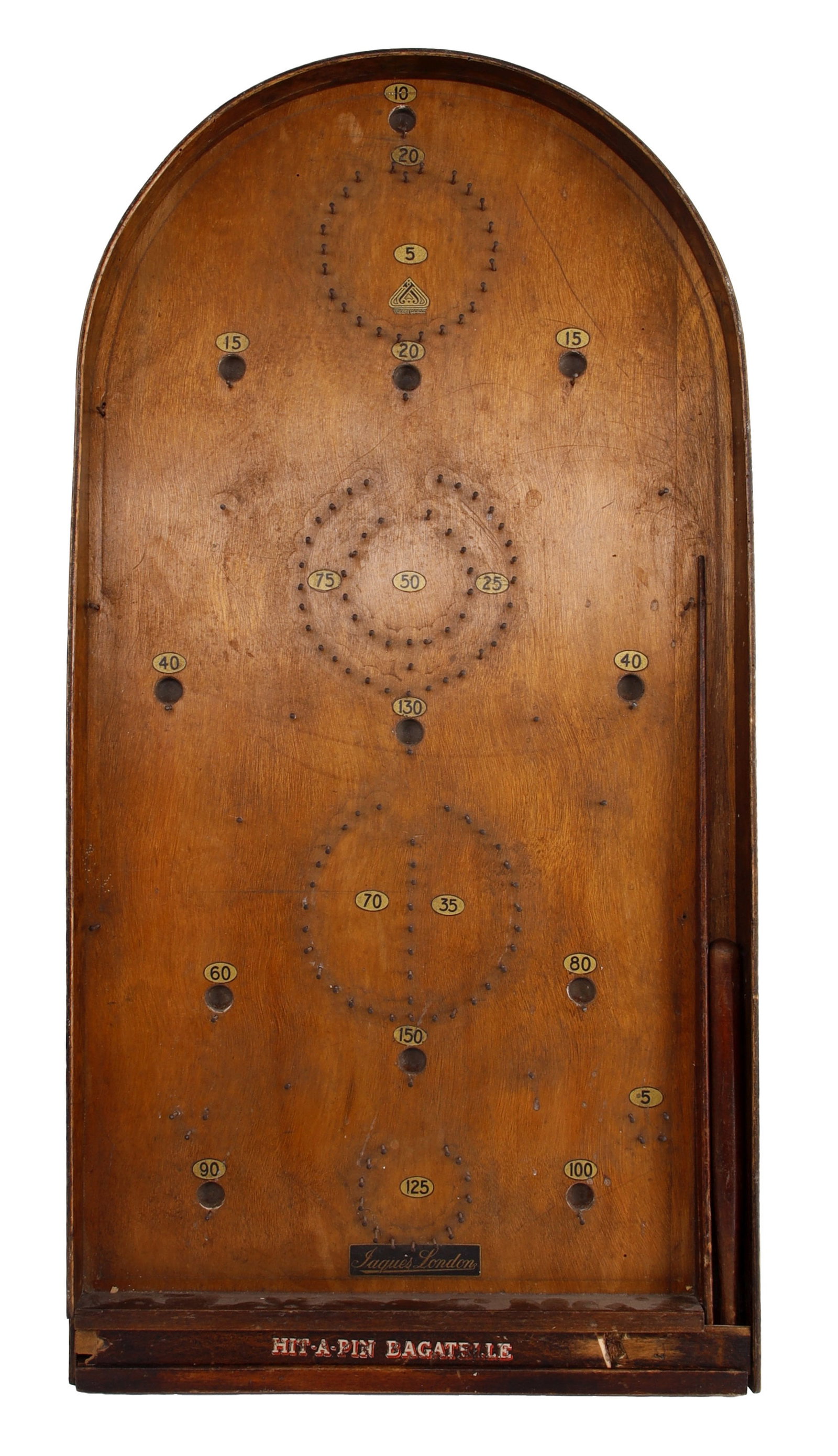 Jacques of London Wooden Bagatelle Board: A high-quality traditional pin bagatelle game titled 'Hit-A-Pin,' produced by the English game manufacturer Jaques of London (established 1795). The board is constructed from polished dark wood and fe