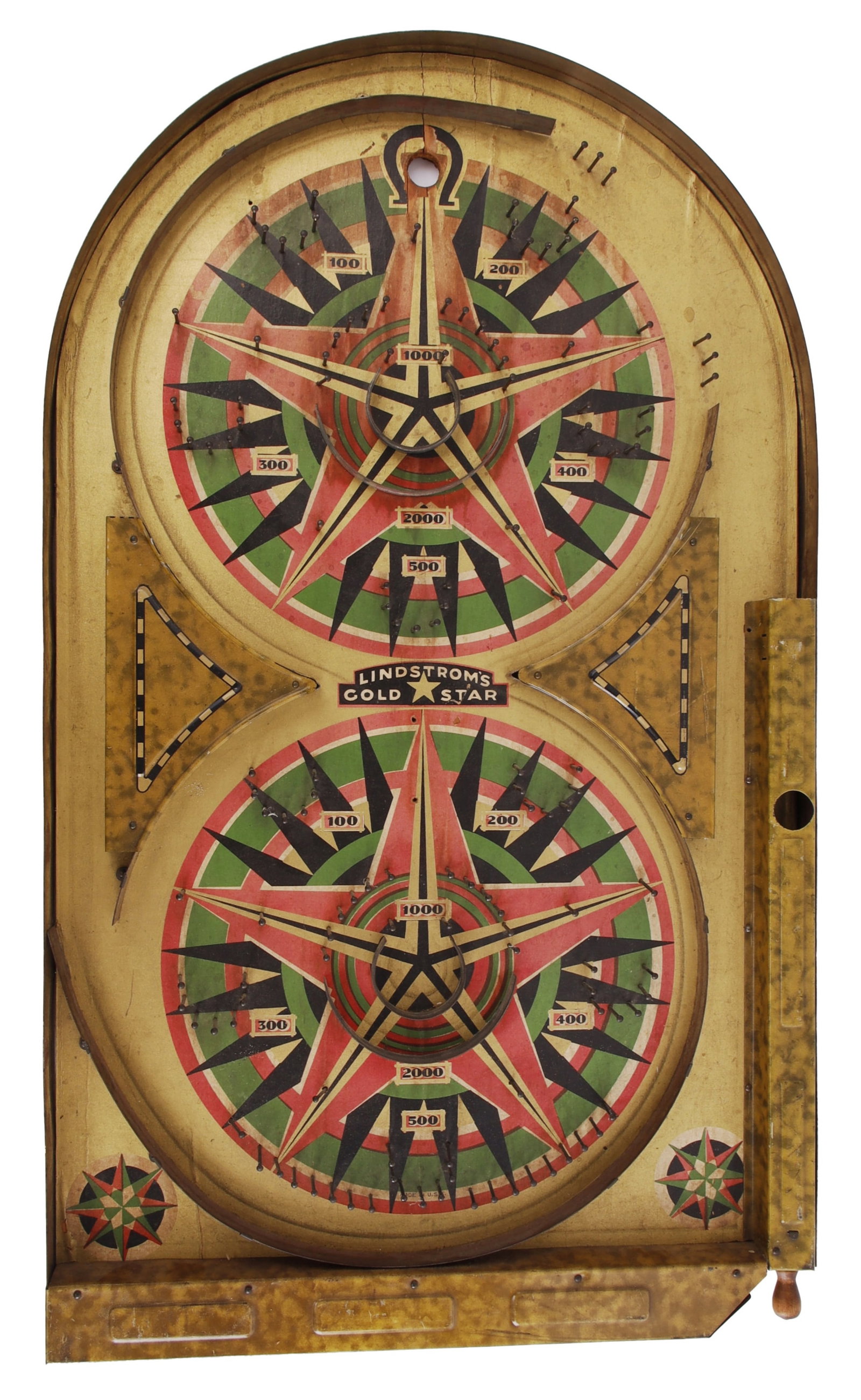 Lindstrom Tool & Toy Co. Bagatelle Pinball Board: A 1930s-era tabletop pinball game manufactured by the Lindstrom Tool & Toy Co. of Bridgeport, Connecticut. This 'Gold Star' model is constructed on a sturdy board base with a lithographed playfield. T