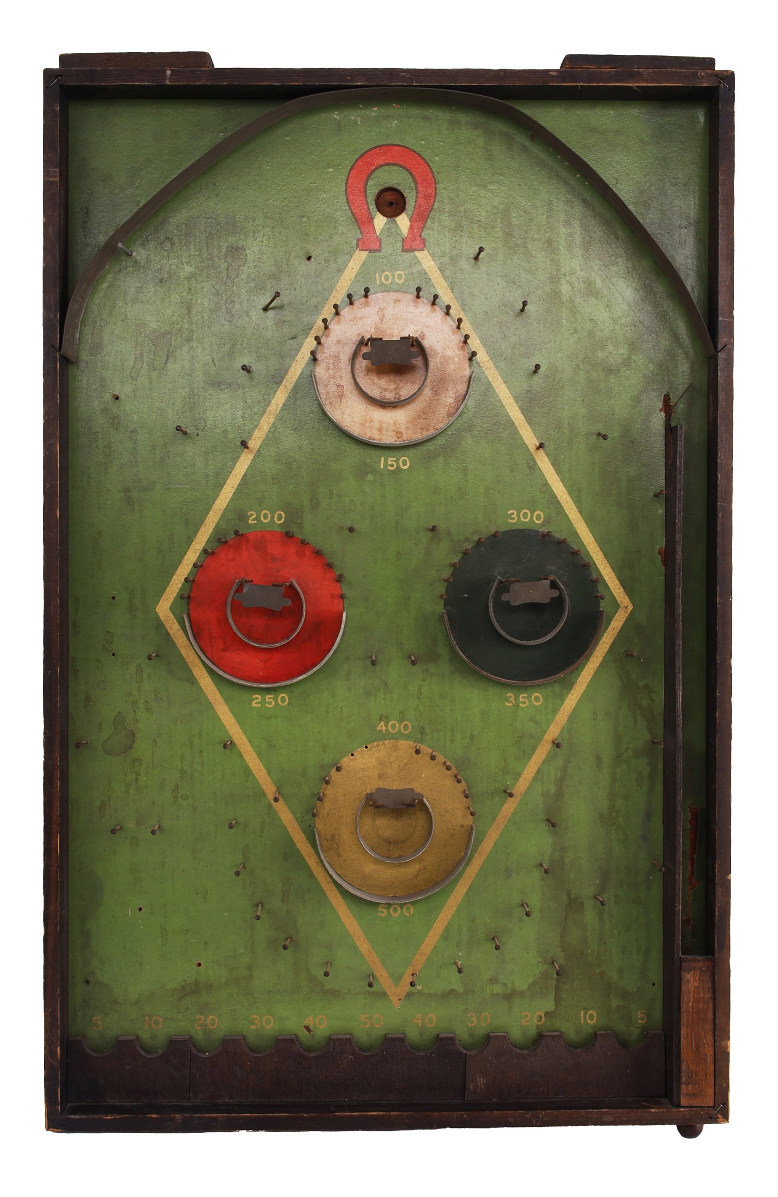 Lindstrom Tool & Toy Hy Ball Pinball Tabletop: A 1930s-era tabletop pinball game titled 'Hy-Ball,' manufactured by the Lindstrom Tool & Toy Co. of Bridgeport, Connecticut. This model features a lithographed playfield set within a wooden frame, equ