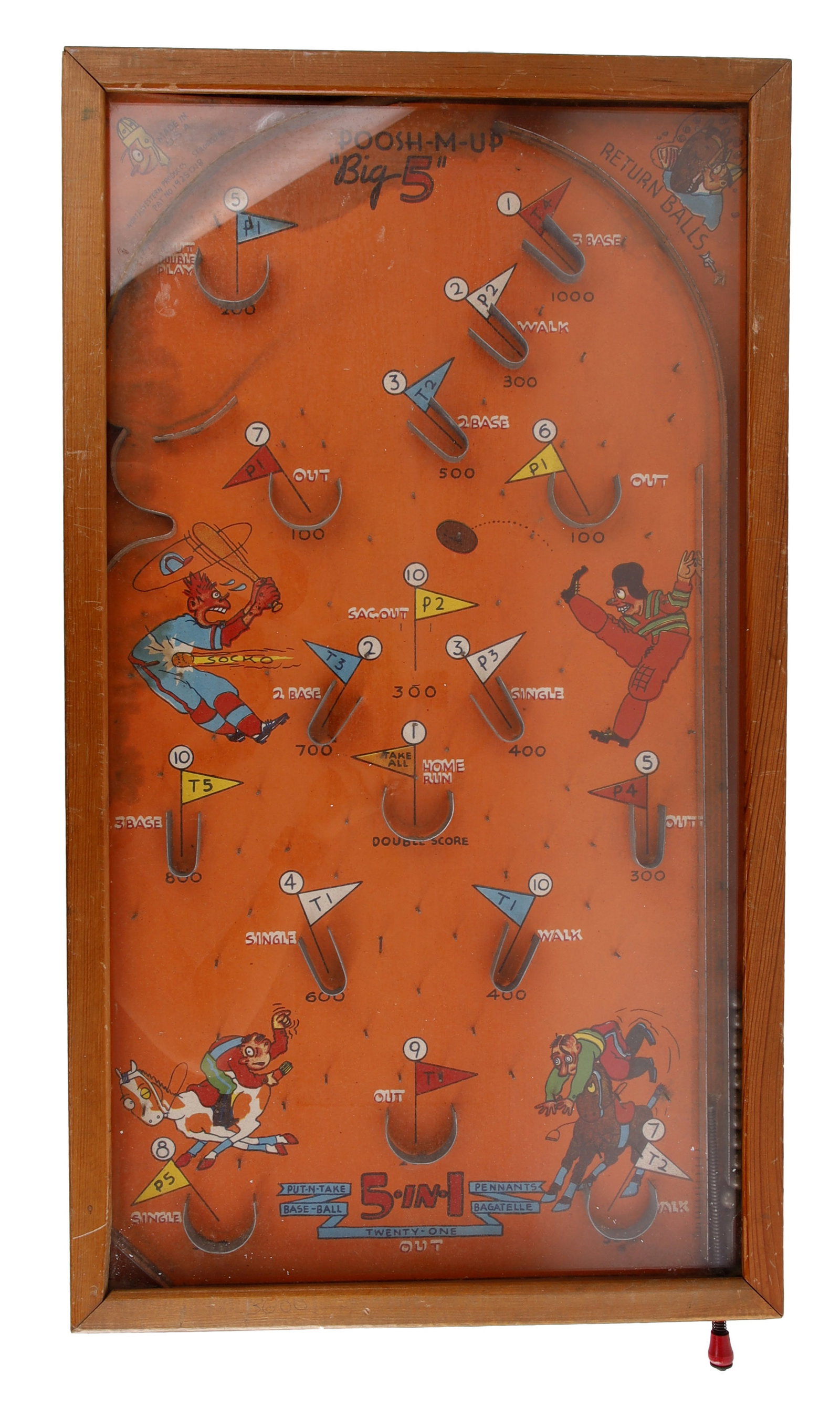 Push-M-Up Big 5 Bagatelle Five-In-One: A classic mid-century 'Push-M-Up' brand 'Big 5' five-in-one tabletop bagatelle game, manufactured by Northwestern Products of St. Louis. This multi-game board features a vibrant orange background deco
